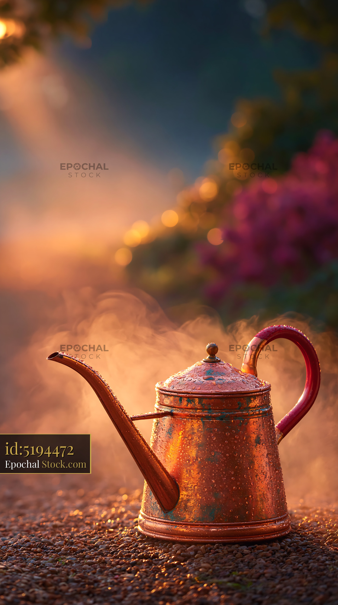 Vintage copper watering can in a garden with climbing roses