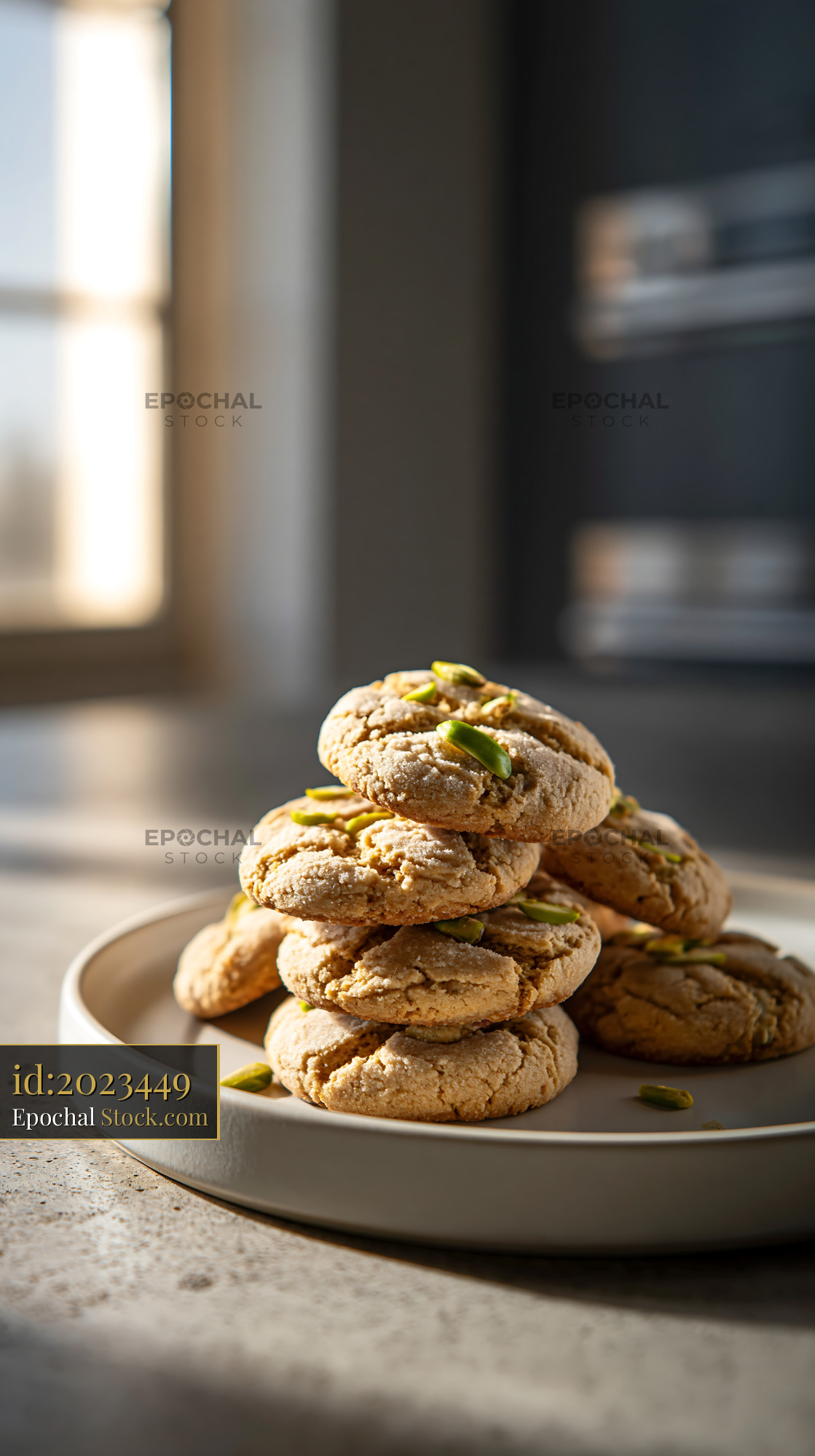 Cardamom chickpea biscuits with pistachios stacked on a plate - stock photo
