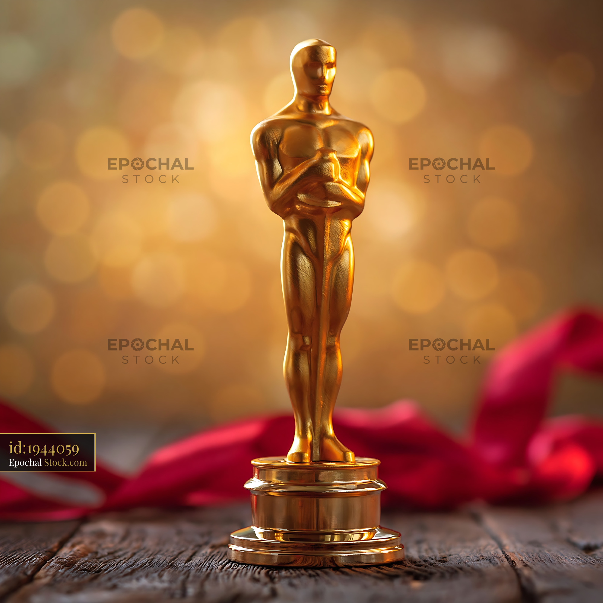 Golden award statue on table with festive bokeh background - stock photo
