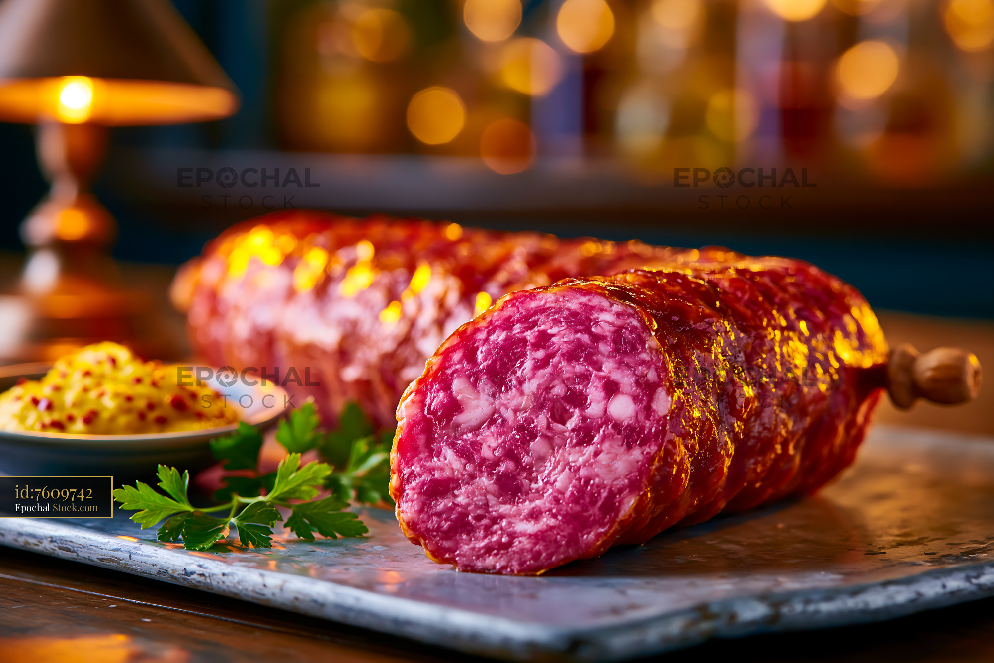 Sliced saucisse de morteau meat on a rustic stone platter with mustard - stock photo