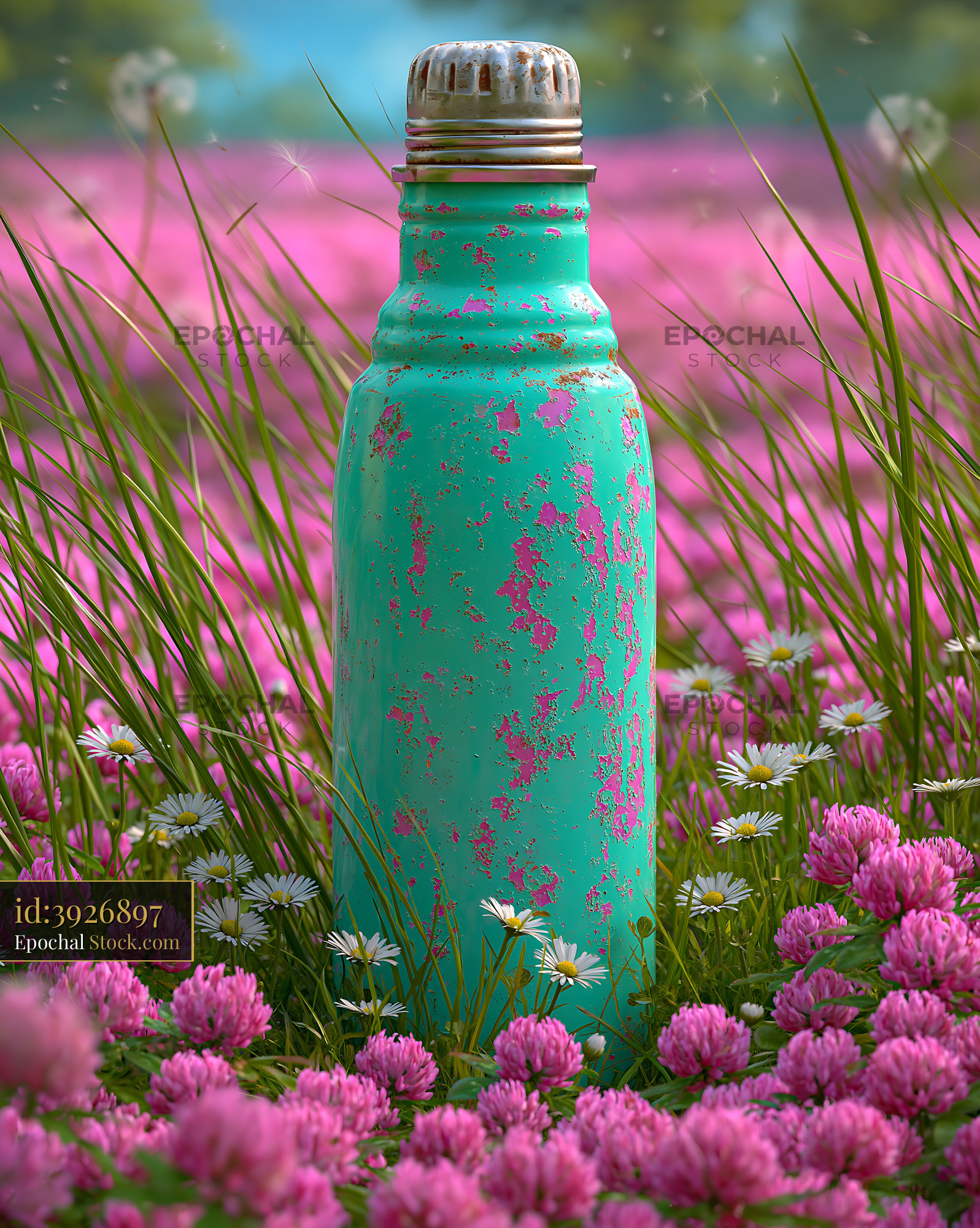 Vintage turquoise thermos bottle in a field of spring grass