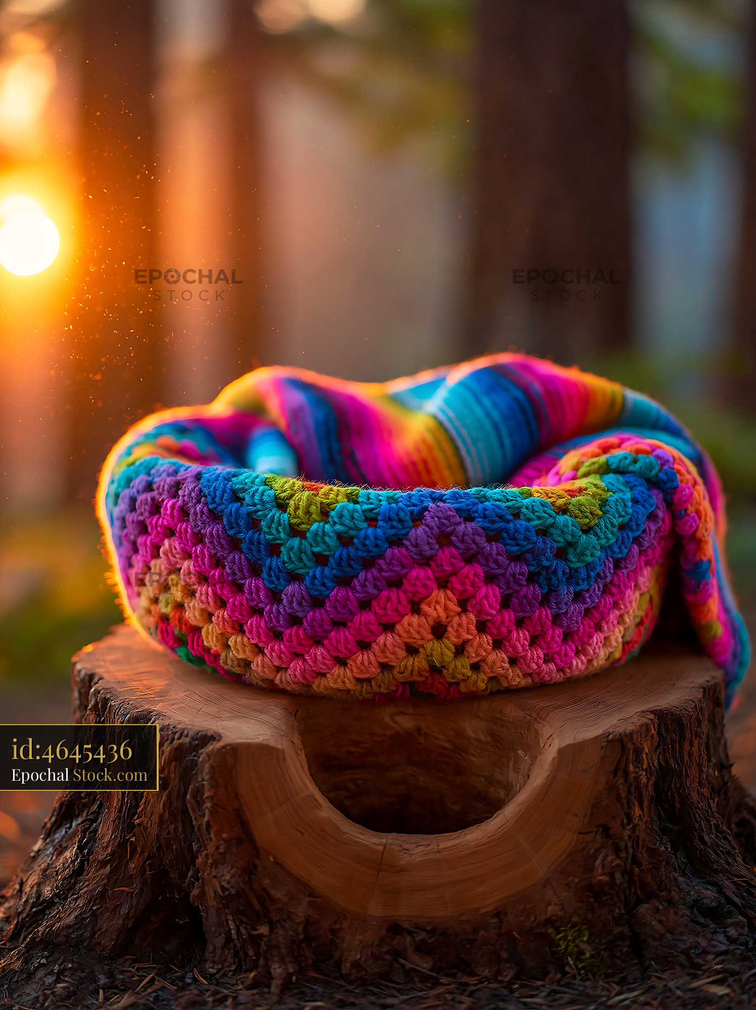 Colorful crocheted blanket on a rustic tree stump in a sunlit forest - stock photo