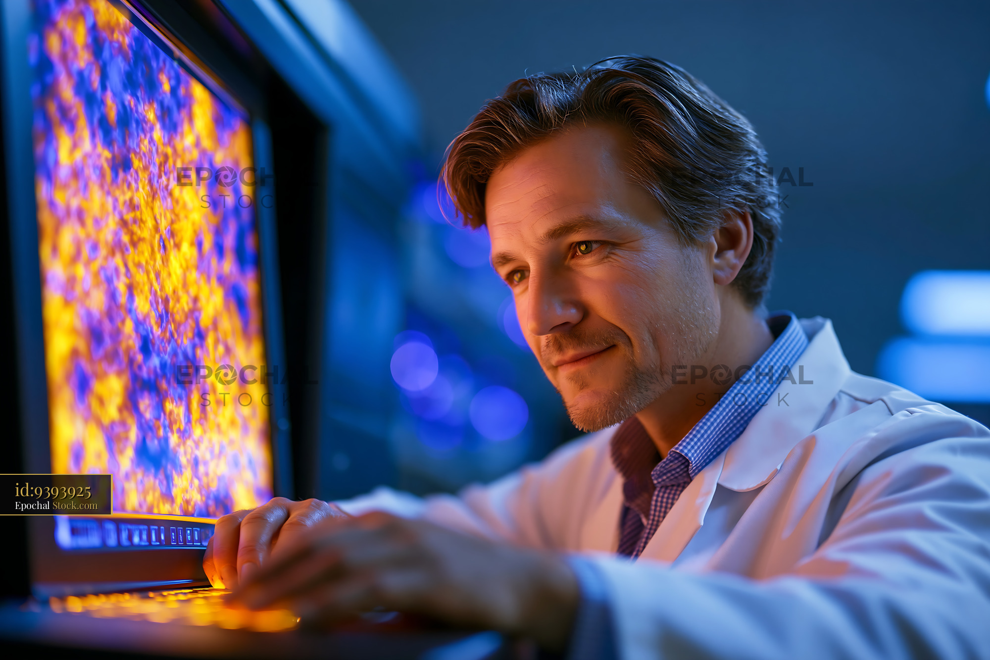 Male scientist analyzing dynamic ratiometric fret imaging in a lab - stock photo
