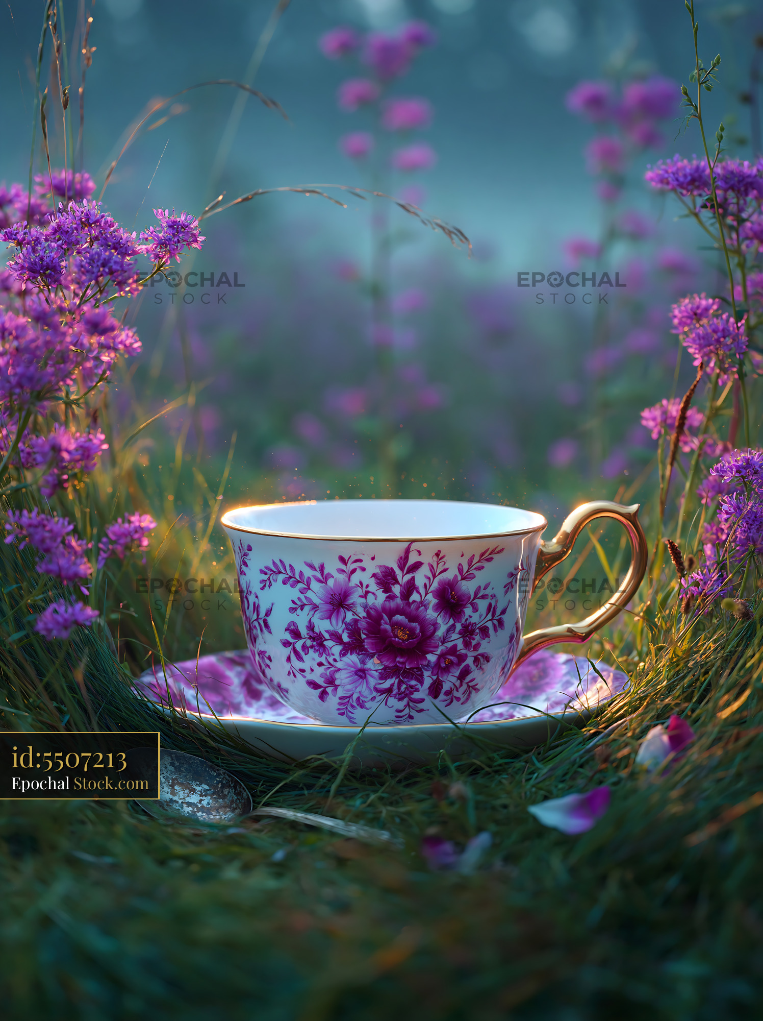 Vintage porcelain tea cup with floral pattern in a blooming meadow