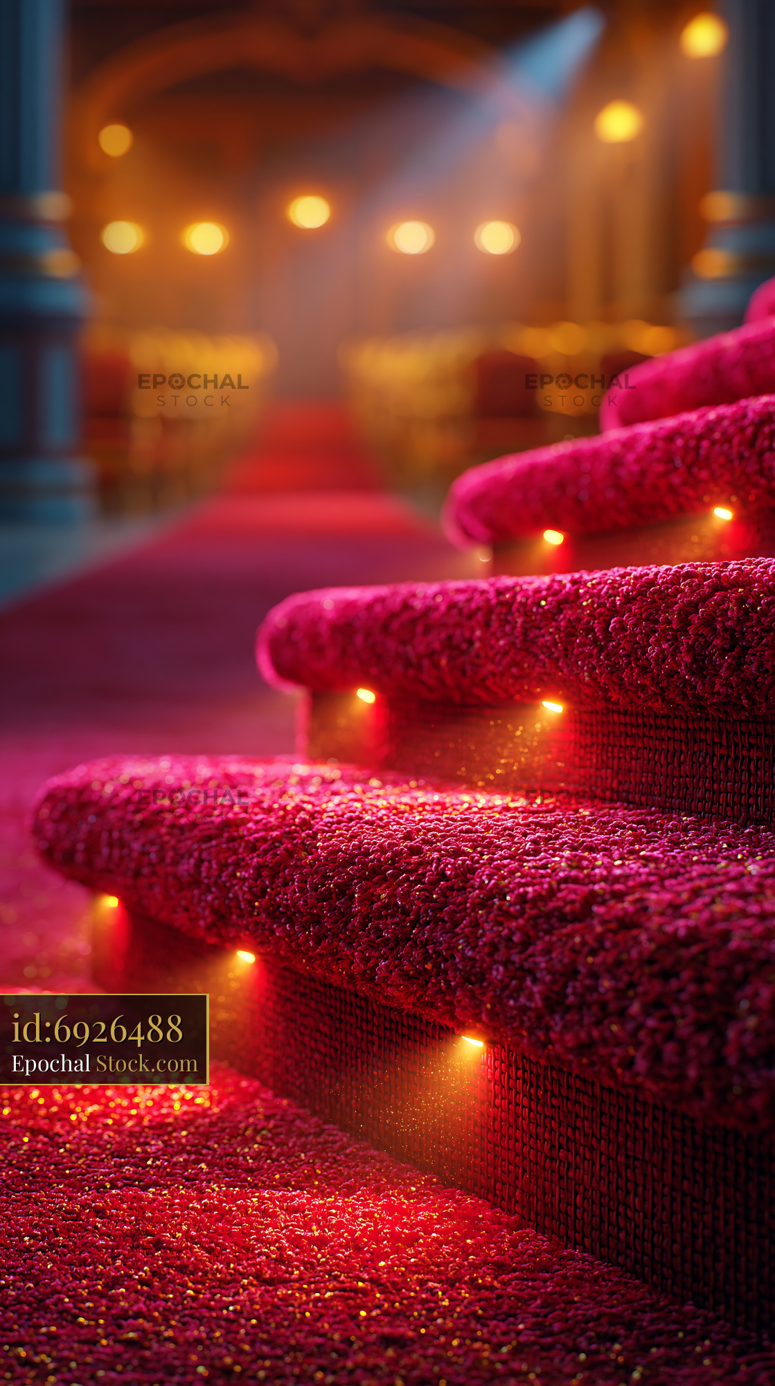 Red carpeted stairs in an empty theater aisle with warm lighting - stock photo