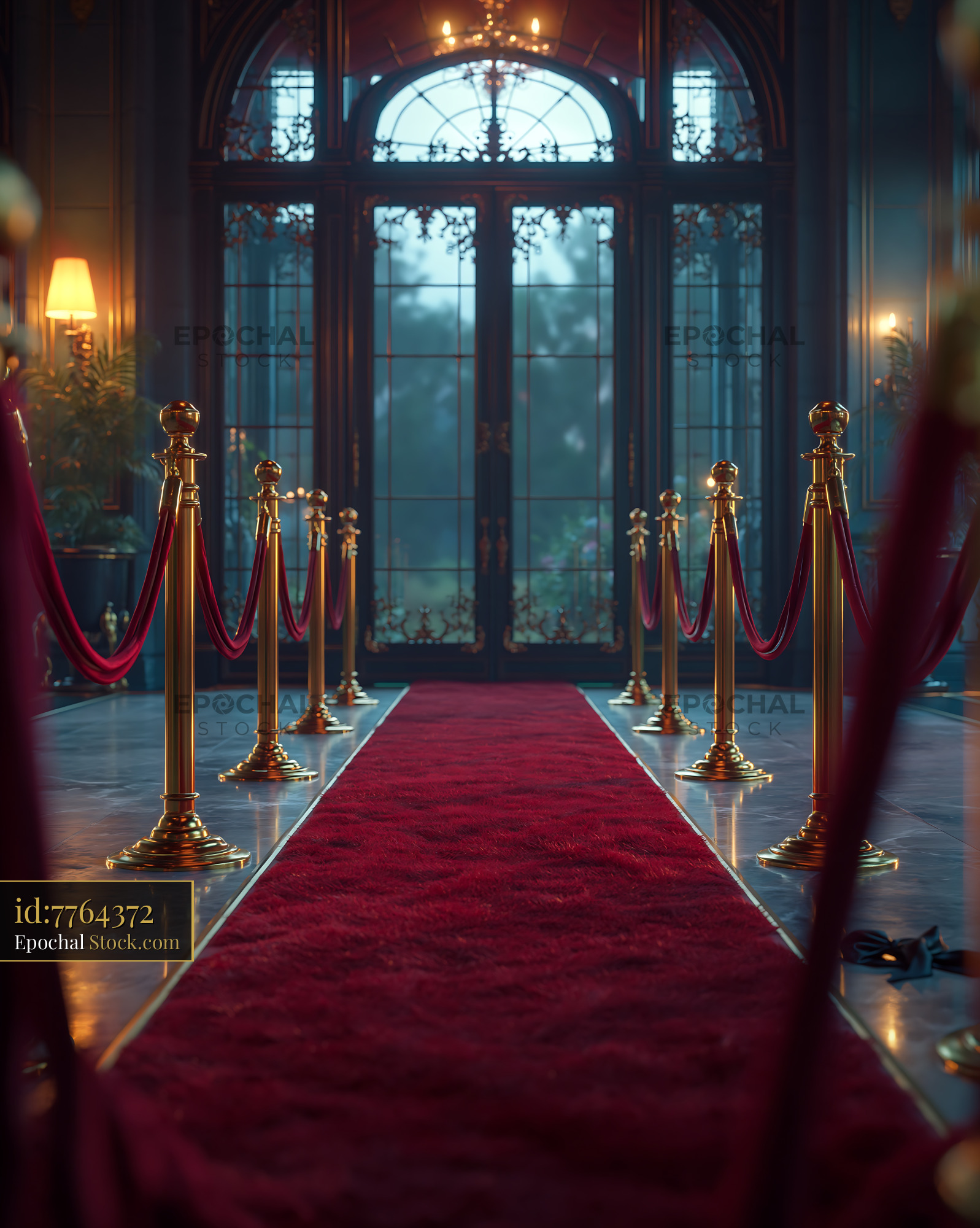 Empty red carpet gala entrance with gold stanchions in a luxury hall - stock photo