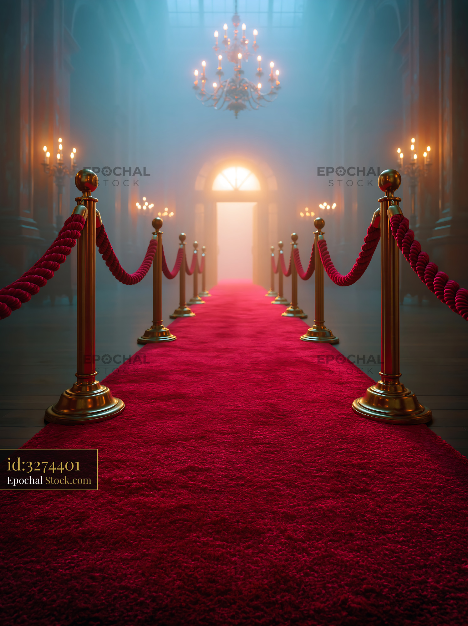 Empty red carpet gala entrance with golden stanchions and velvet ropes - stock photo