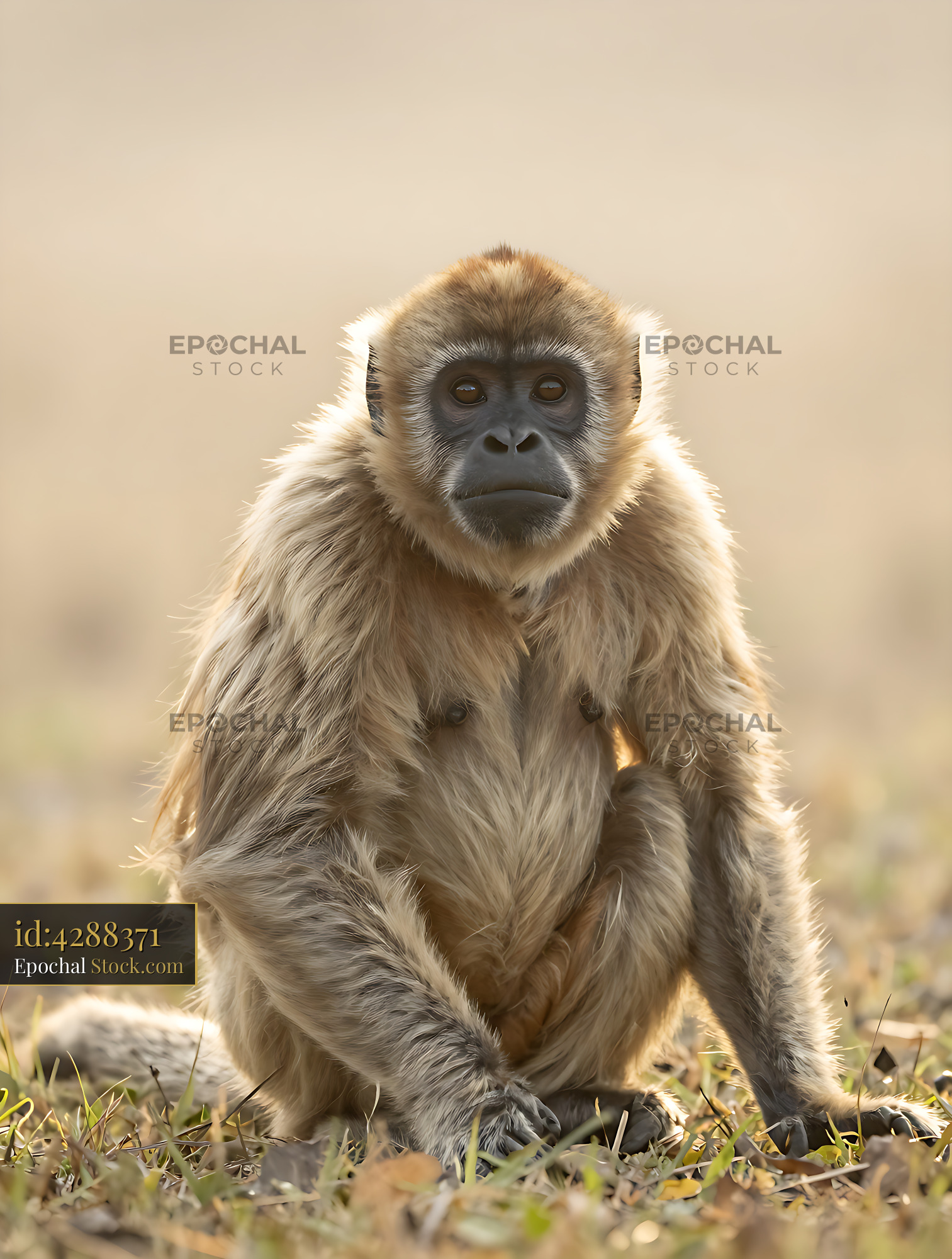 Brown howler monkey sitting on the ground during golden hour - stock photo