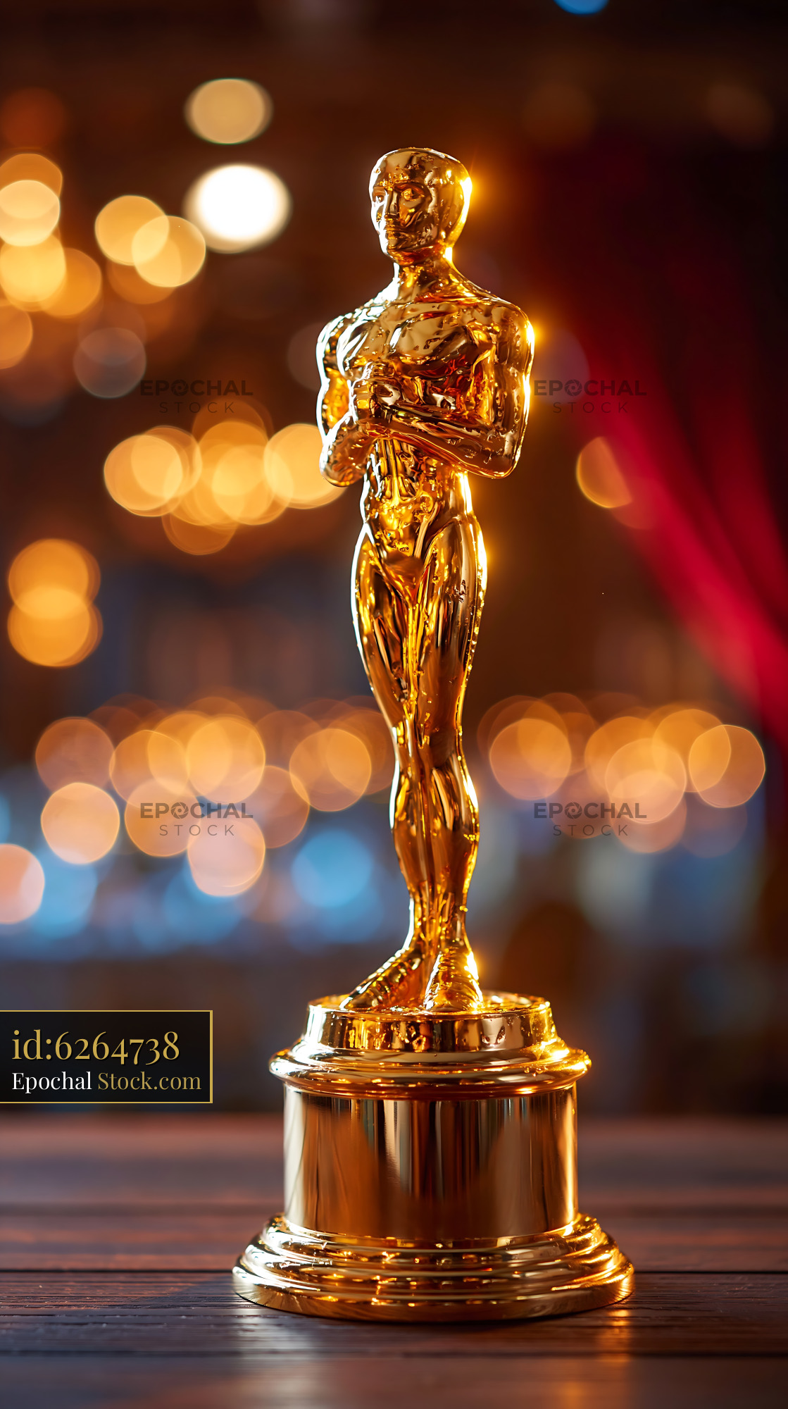 Golden film award trophy at a cinema entrance during a gala night - stock photo
