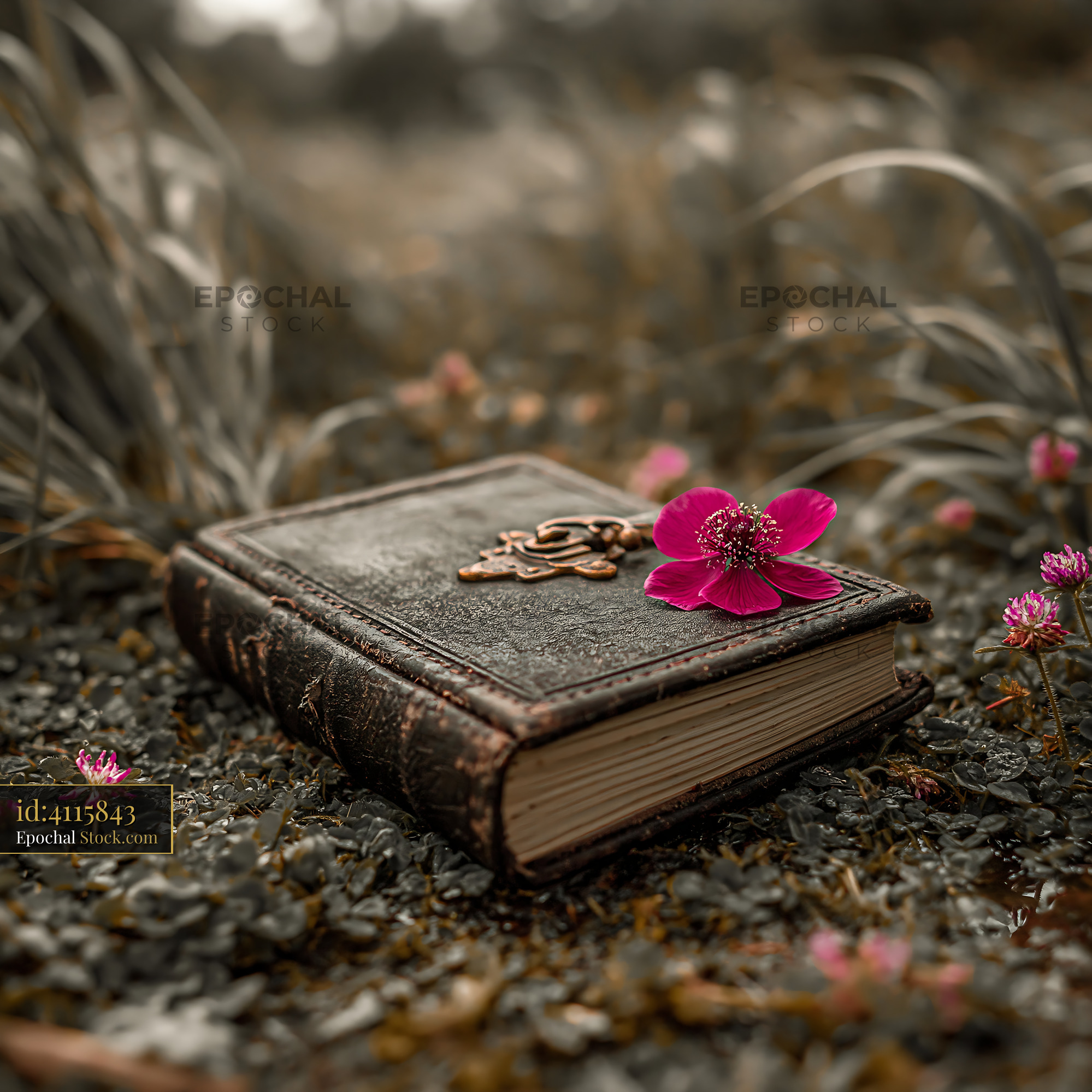 Vintage leather journal with key and pink flower on meadow floor - stock photo