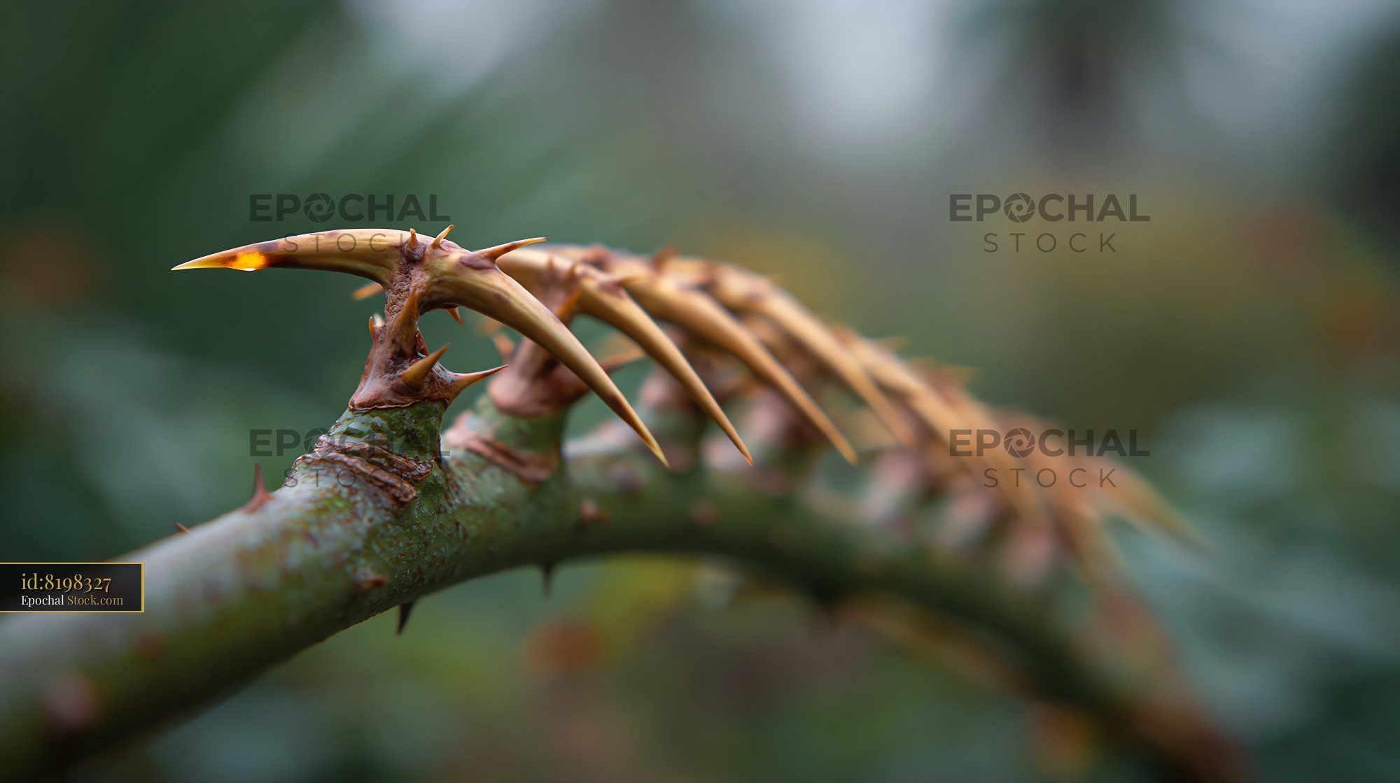 Sharp rose thorns on a green branch close up in a garden - stock photo