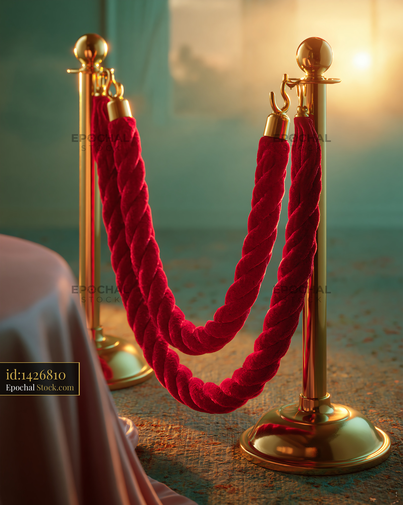 Red velvet rope vip area with gold stanchions in golden sunlight - stock photo