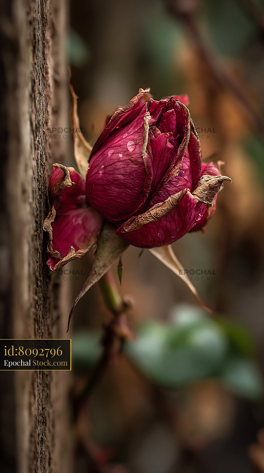 Wilted red rose with raindrops leaning against a wooden post - stock photo