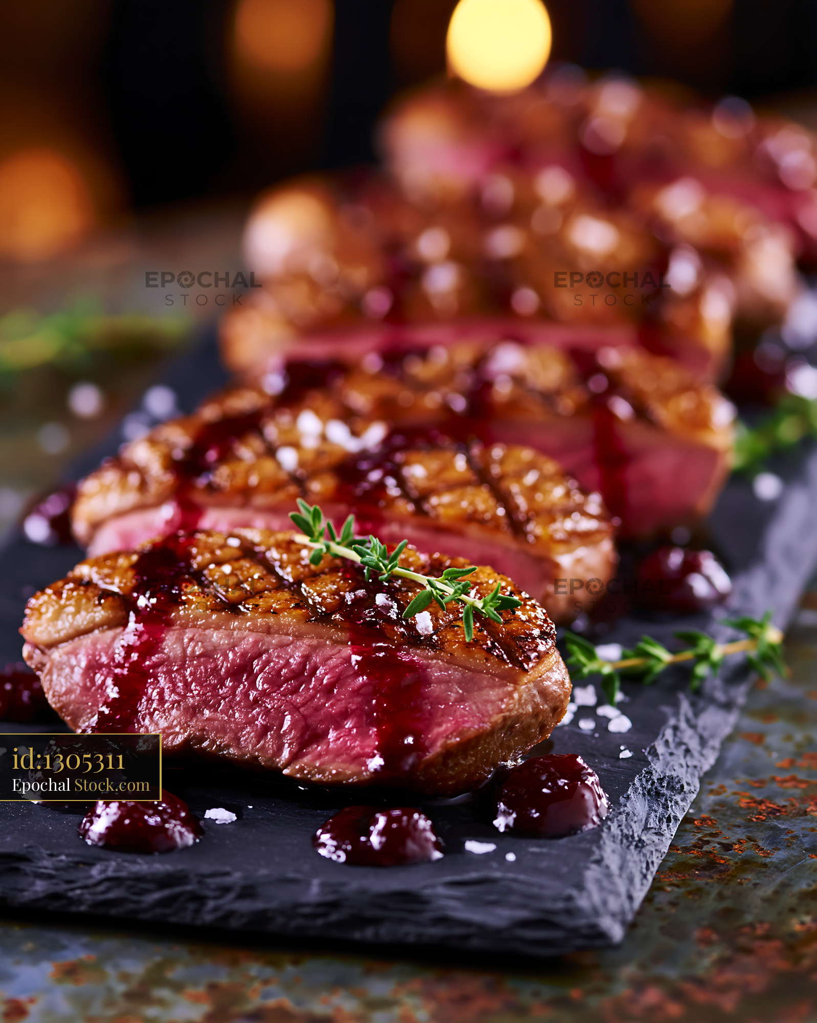 Roasted magret de canard meat with berry sauce and fresh thyme - stock photo