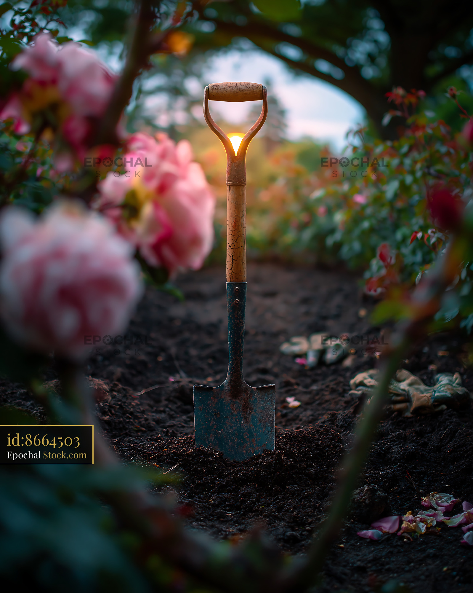 Garden shovel in dark soil surrounded by pink roses at sunset - stock photo