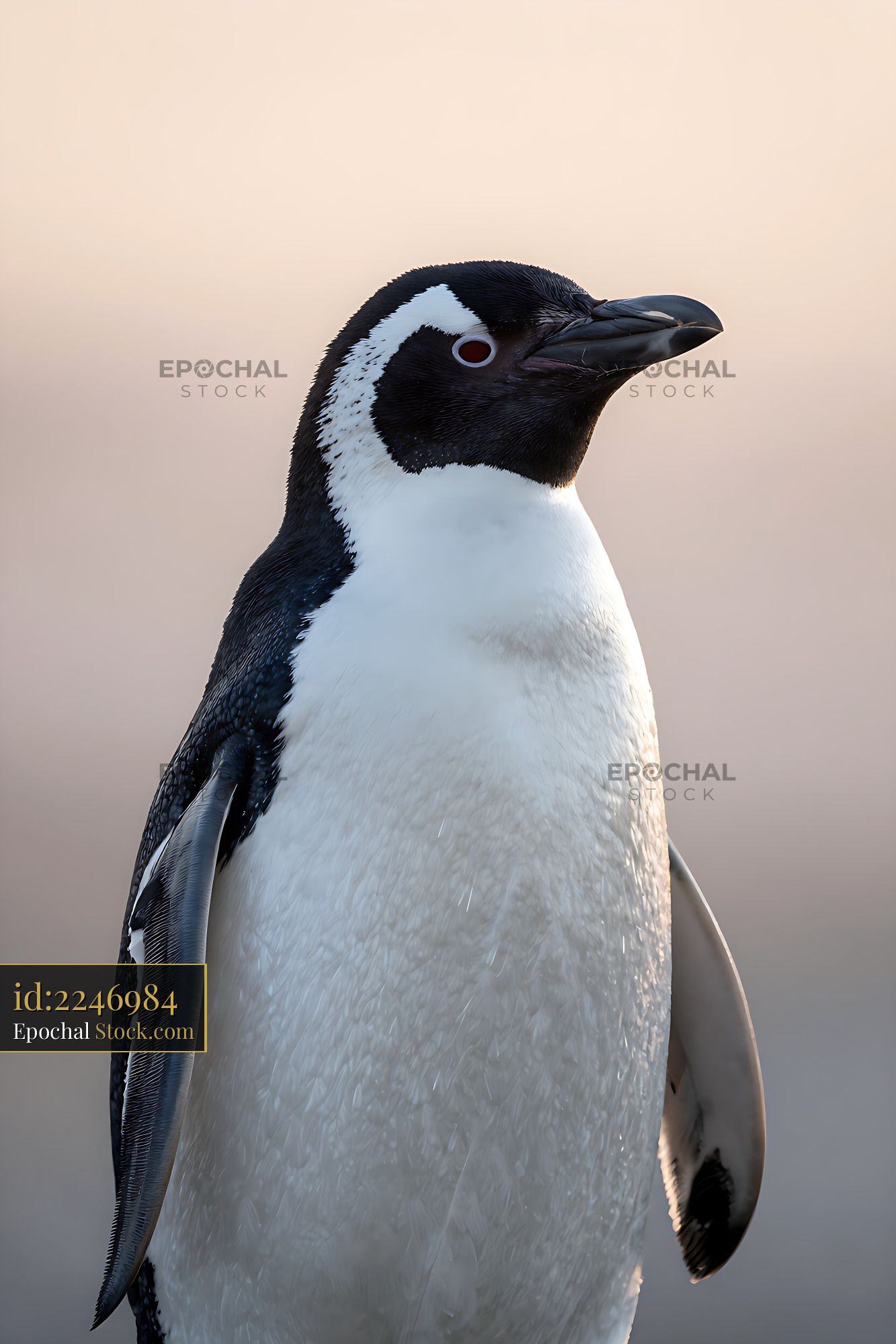 Fiordland penguin standing in soft golden hour light - stock photo