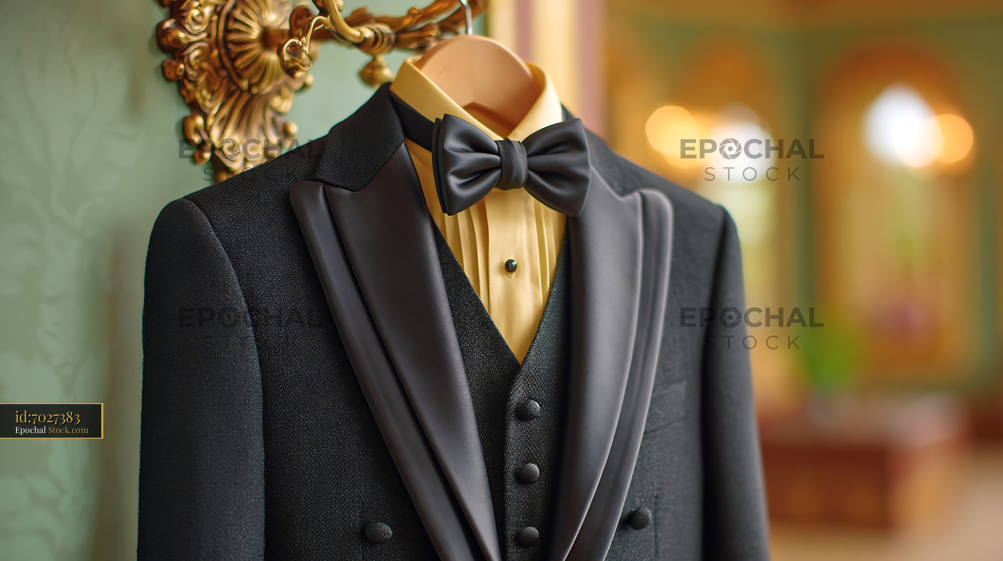 Elegant black tuxedo hanging backstage at a grand theater - stock photo