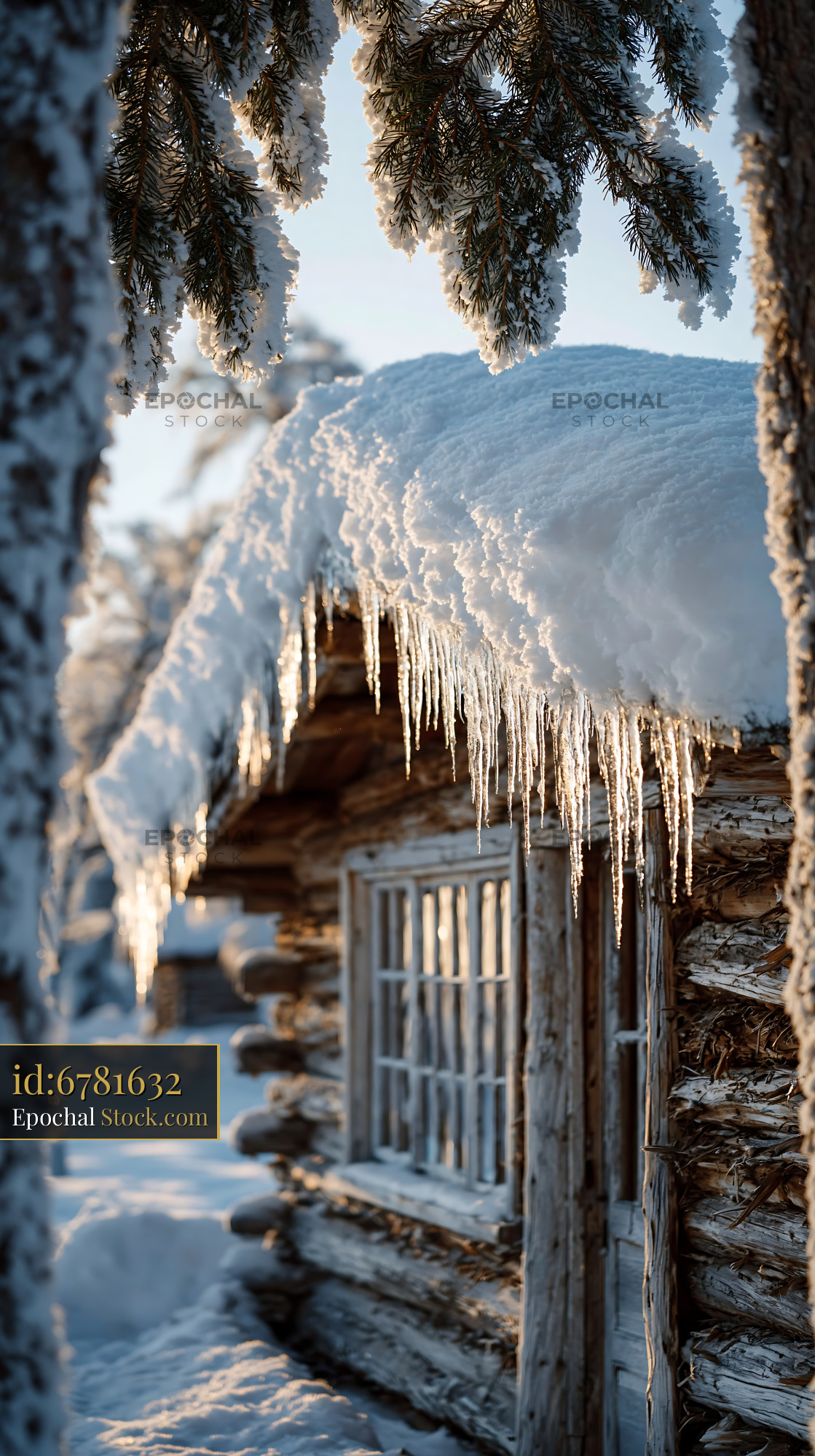 Rustic log cabin covered in thick snow and icicles in winter forest - stock photo