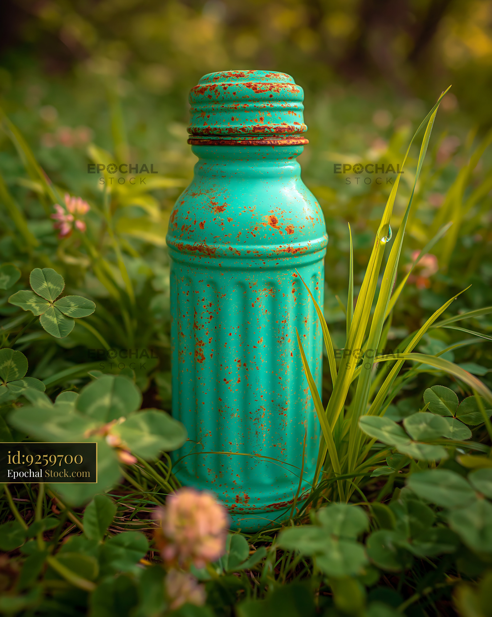 Rusty vintage turquoise thermos bottle in lush green spring grass
