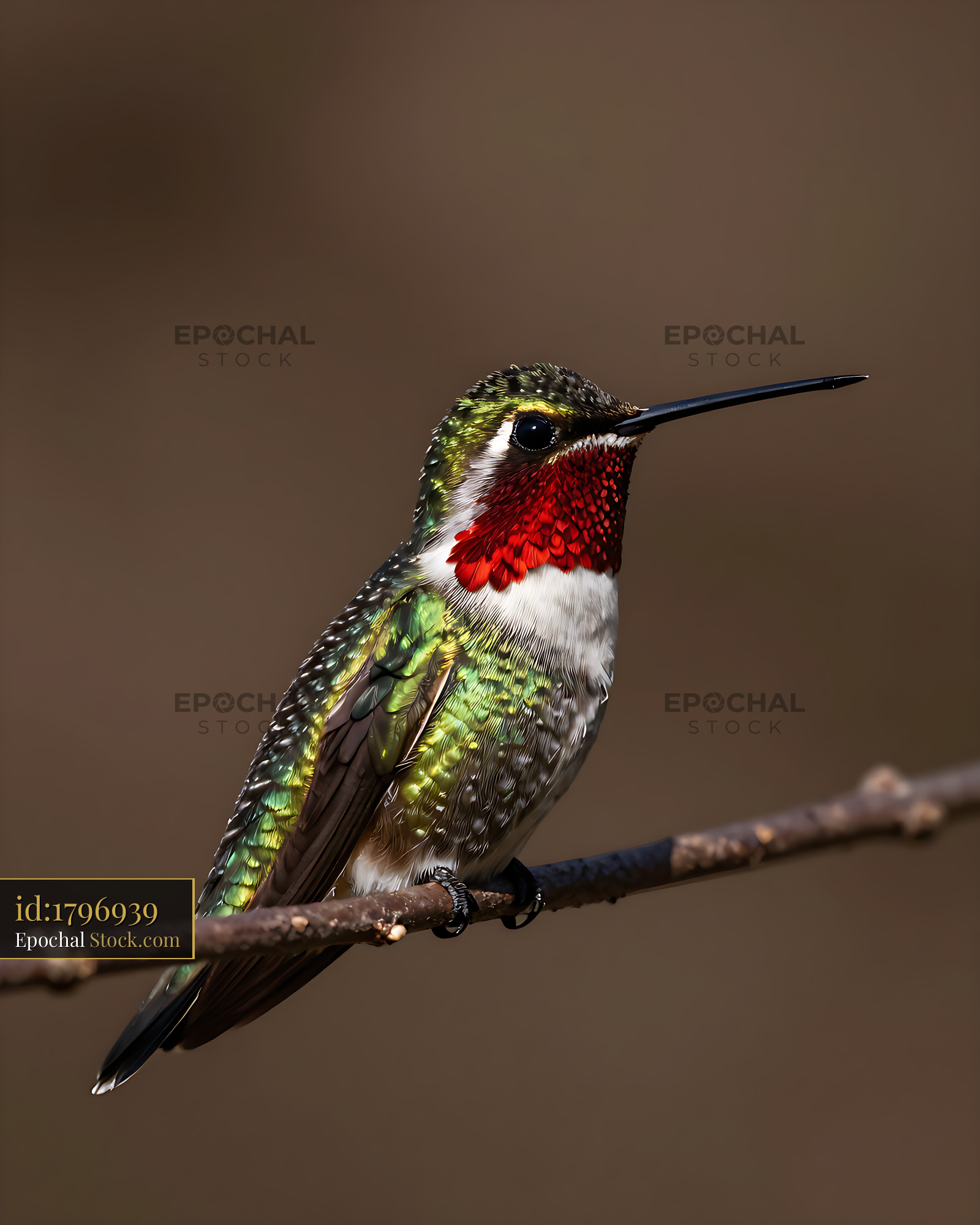 Hummingbird with iridescent green feathers perched on a thin branch - stock photo