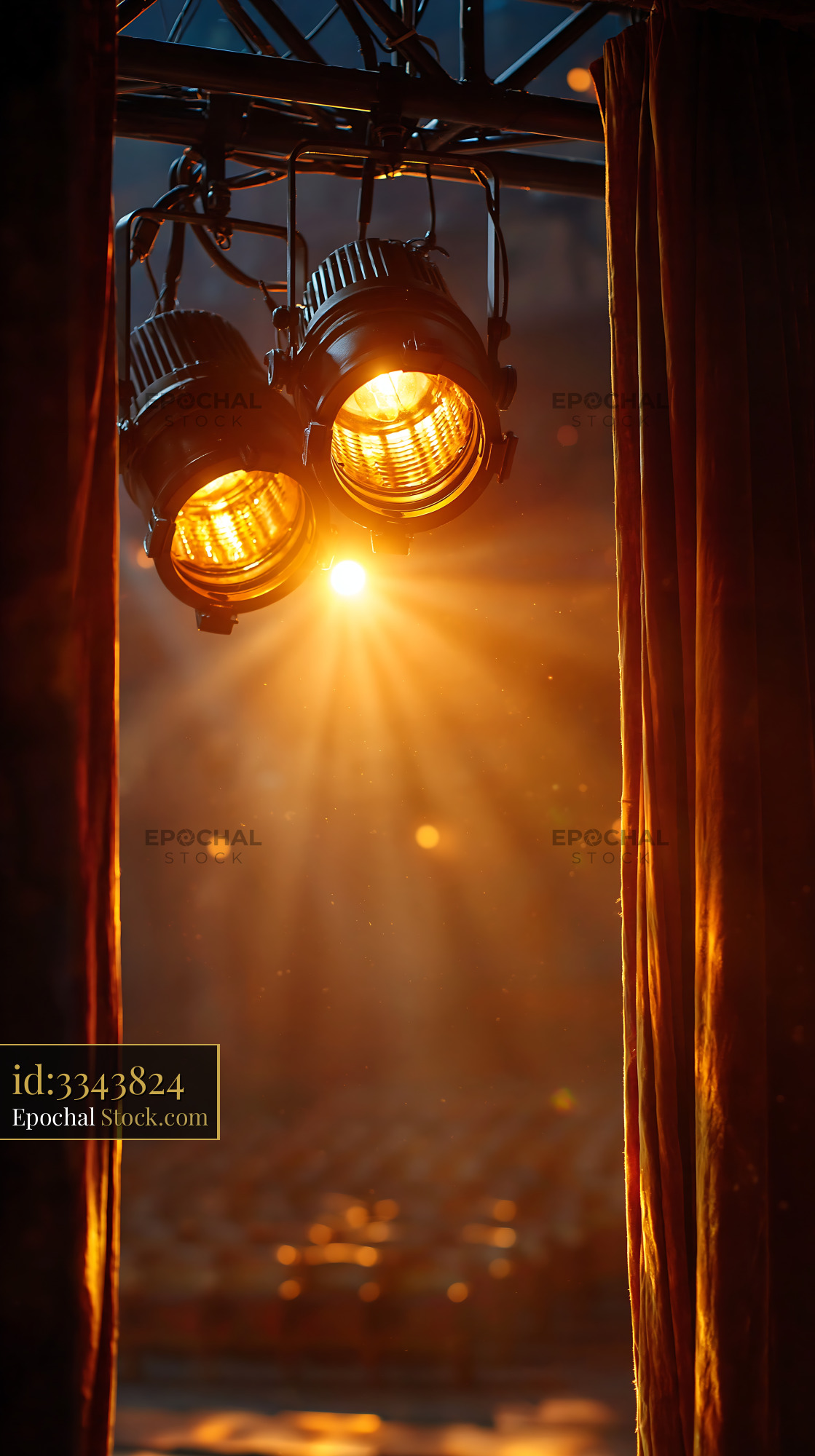 Warm stage lights flare in an empty theater with velvet curtains
