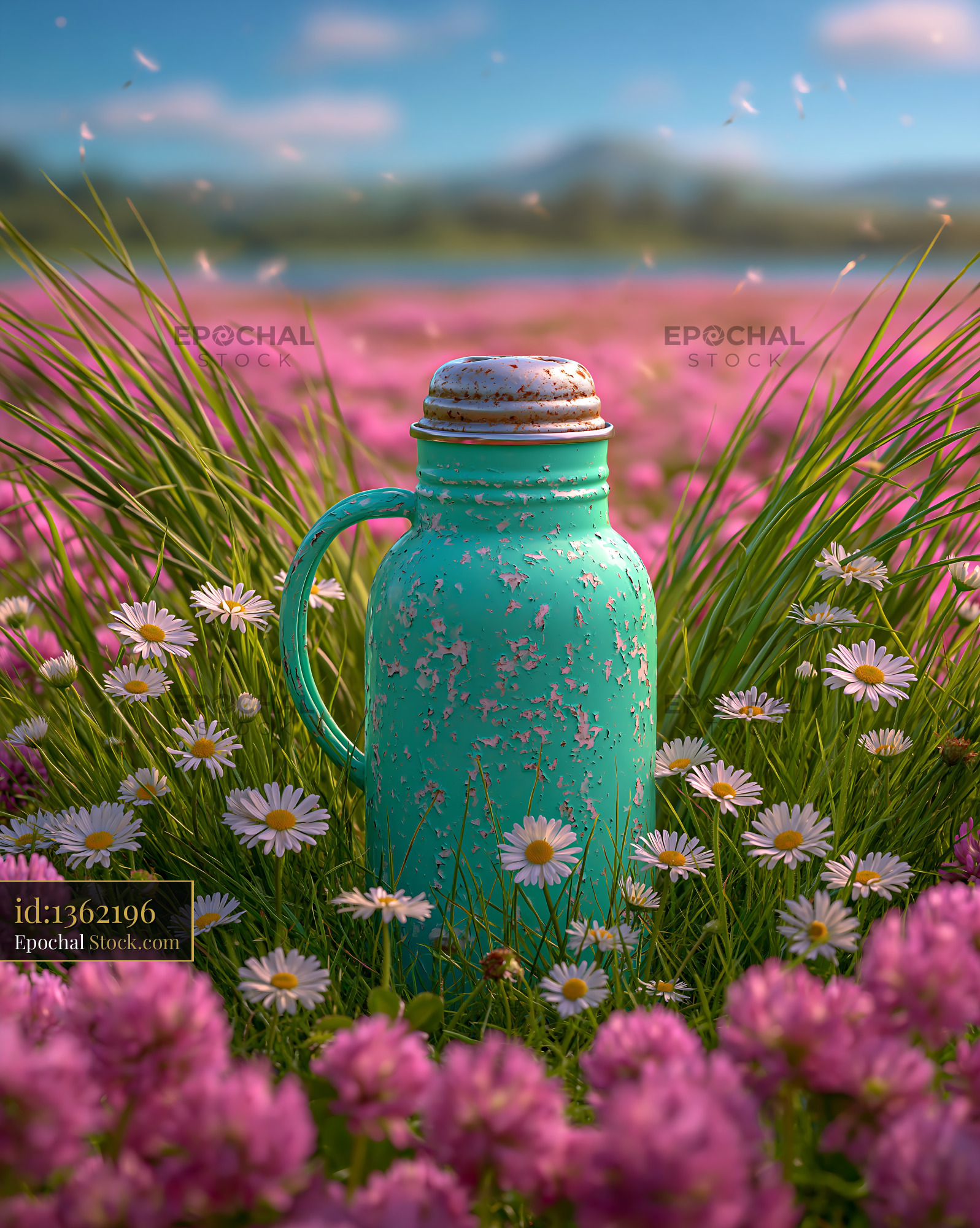 Vintage turquoise thermos standing in a spring field of daisies - stock photo