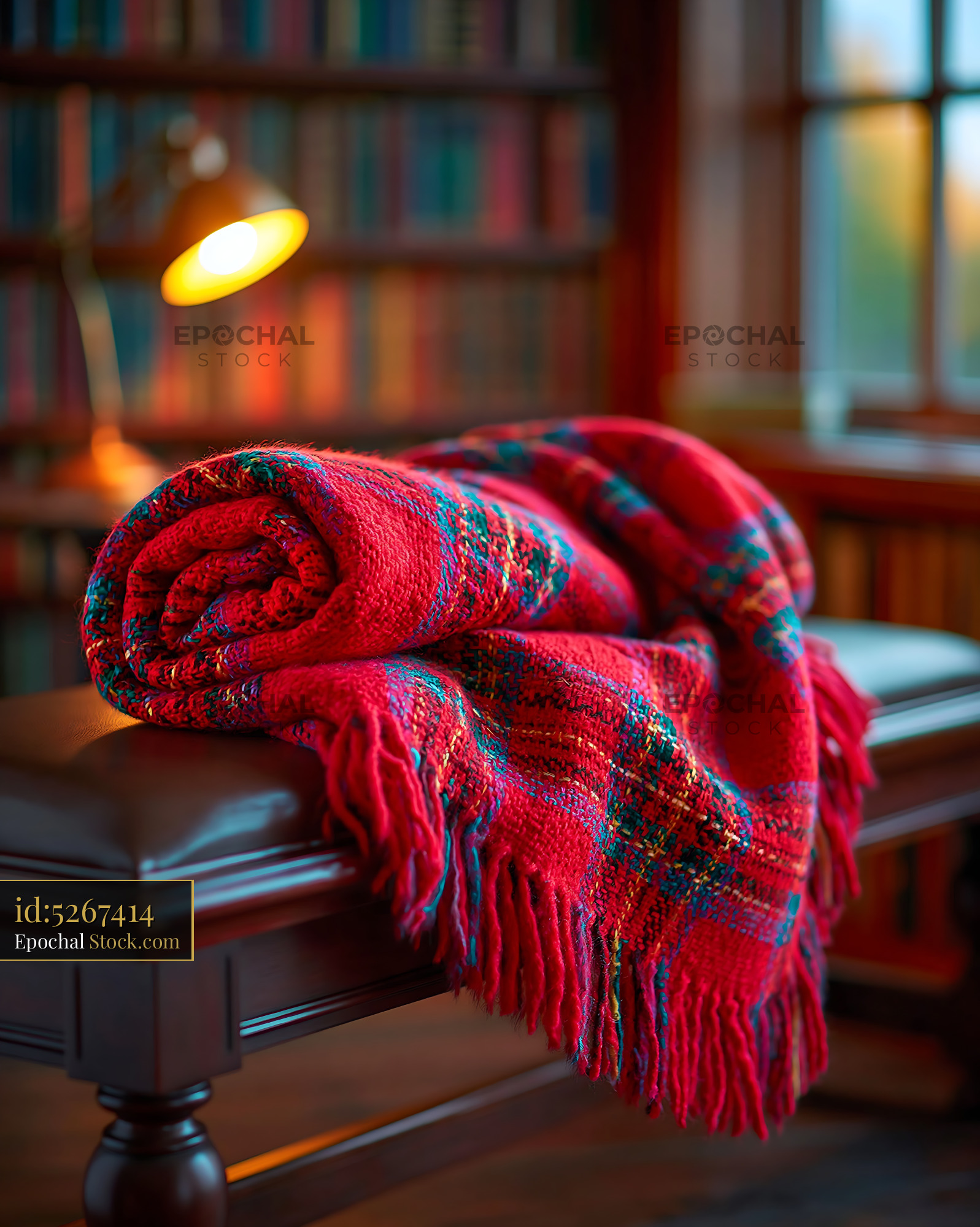 Red plaid cashmere throw on a dark leather bench in a cozy library - stock photo