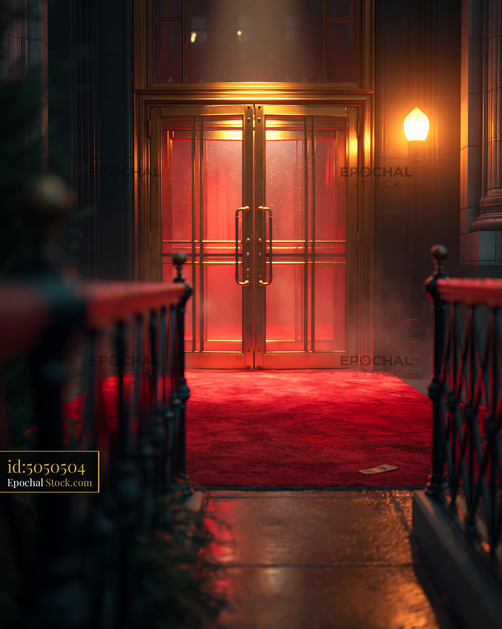 Invitation card on red velvet carpet leading to glowing golden doors - stock photo