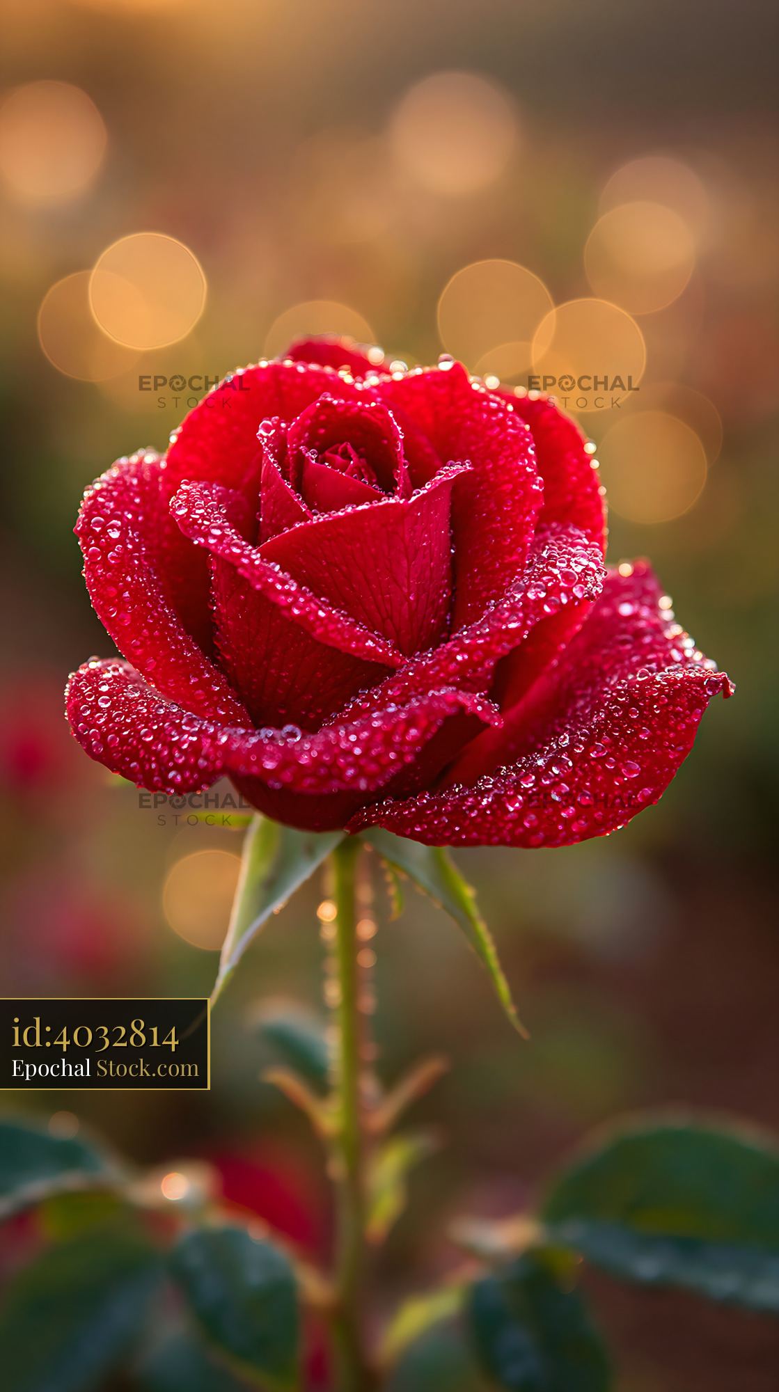 Red rose with morning dew in an English garden at sunset