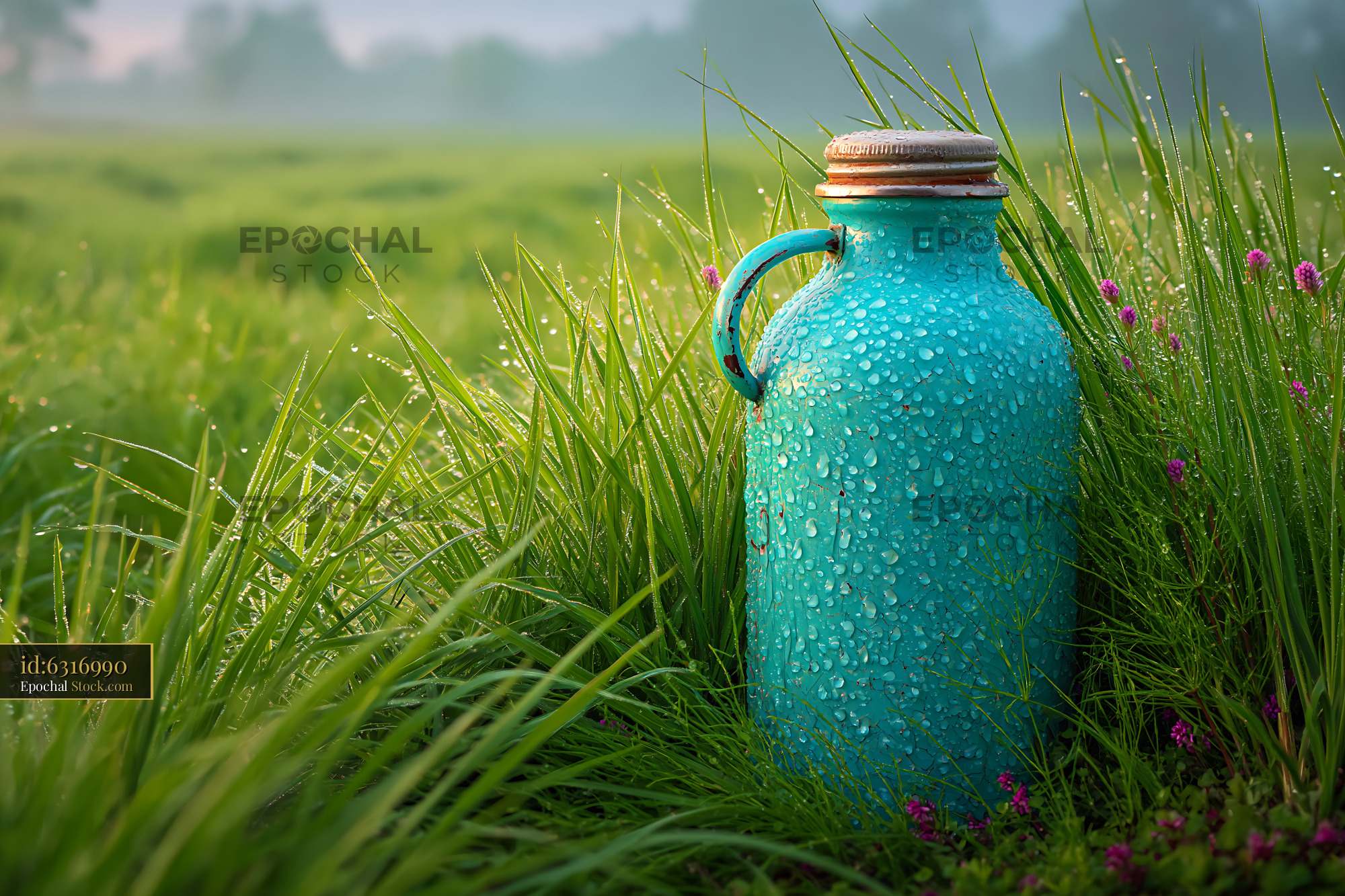 Vintage turquoise thermos with dew drops in tall spring grass at dawn