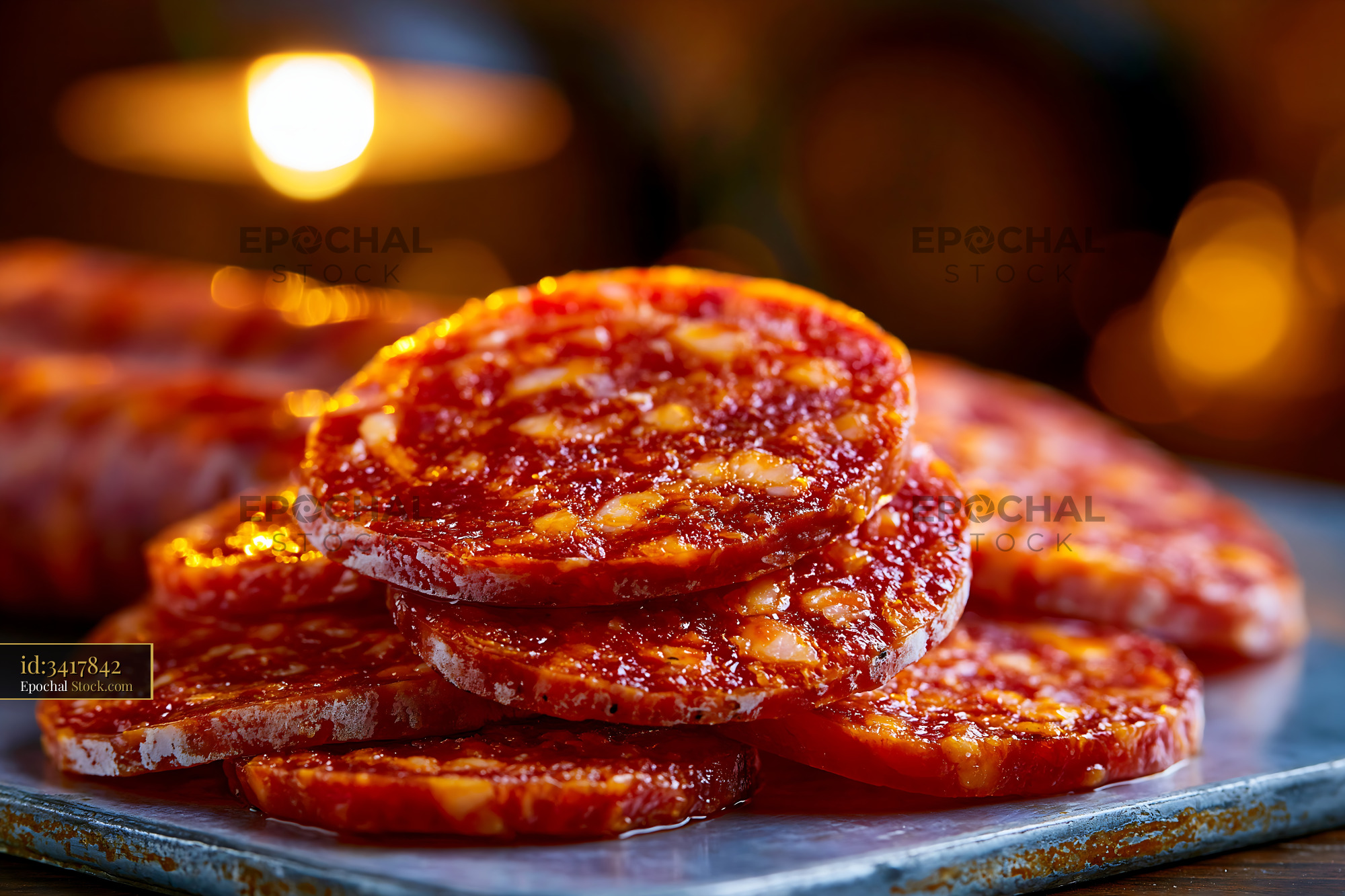 Slices of jamon iberico de bellota meat on a tray in warm cellar light - stock photo