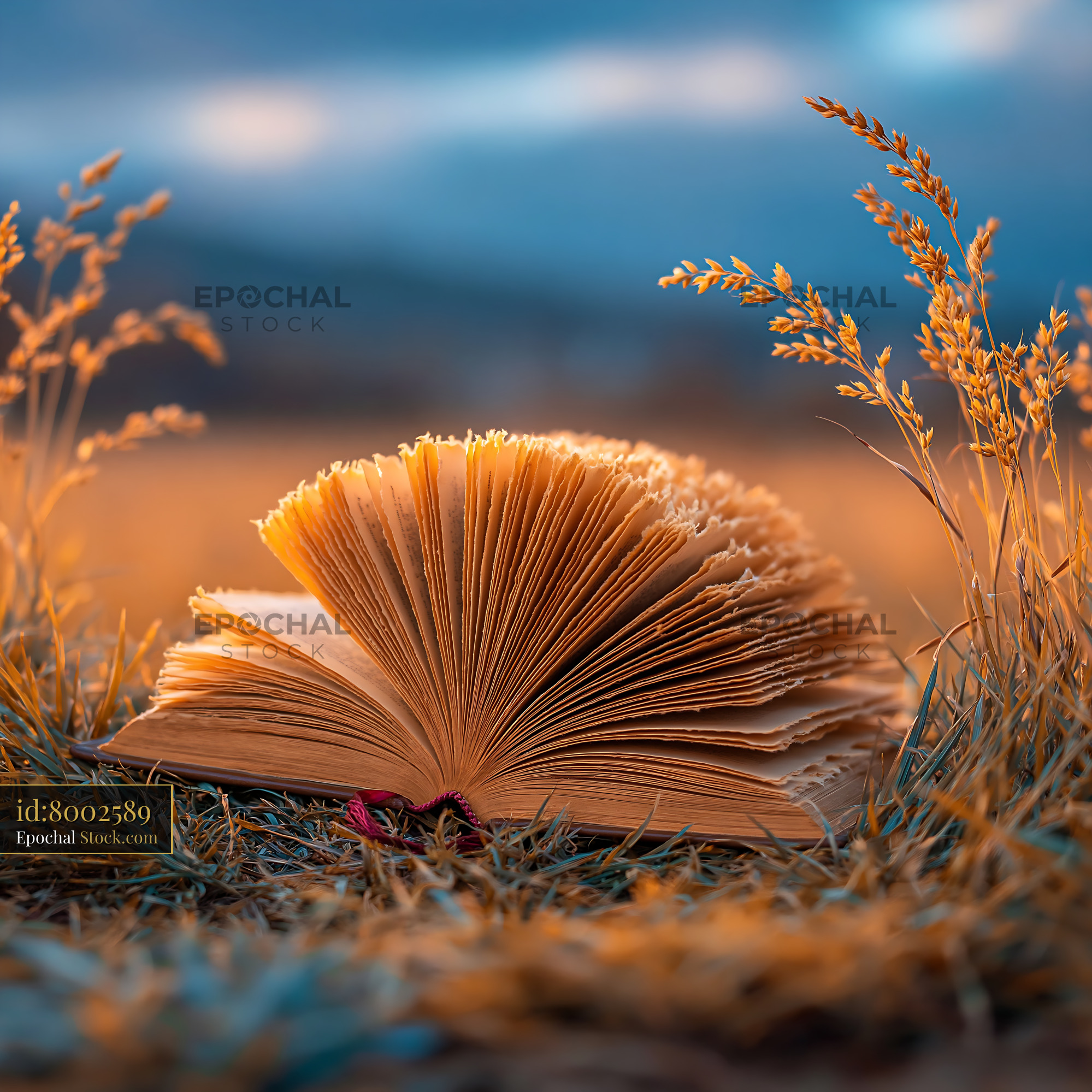 Open vintage book with fanned pages lying on grass at golden hour