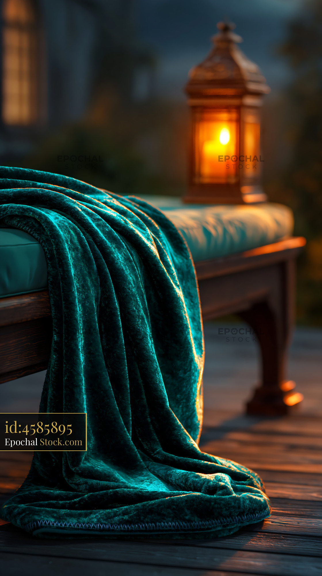Teal velvet throw on a wooden bench with a warm lantern at dusk - stock photo