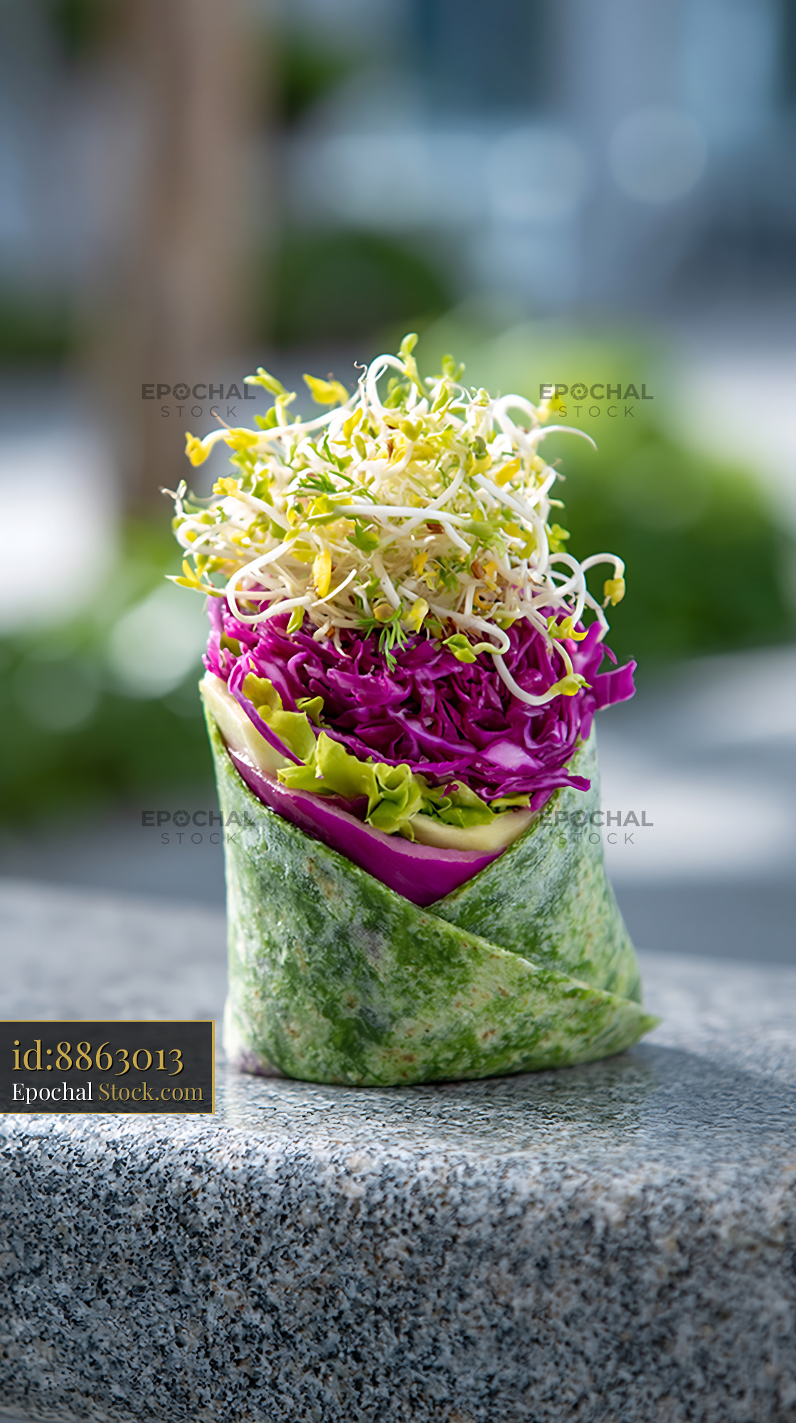 Healthy vegetable wrap with sprouts on a stone park bench - stock photo