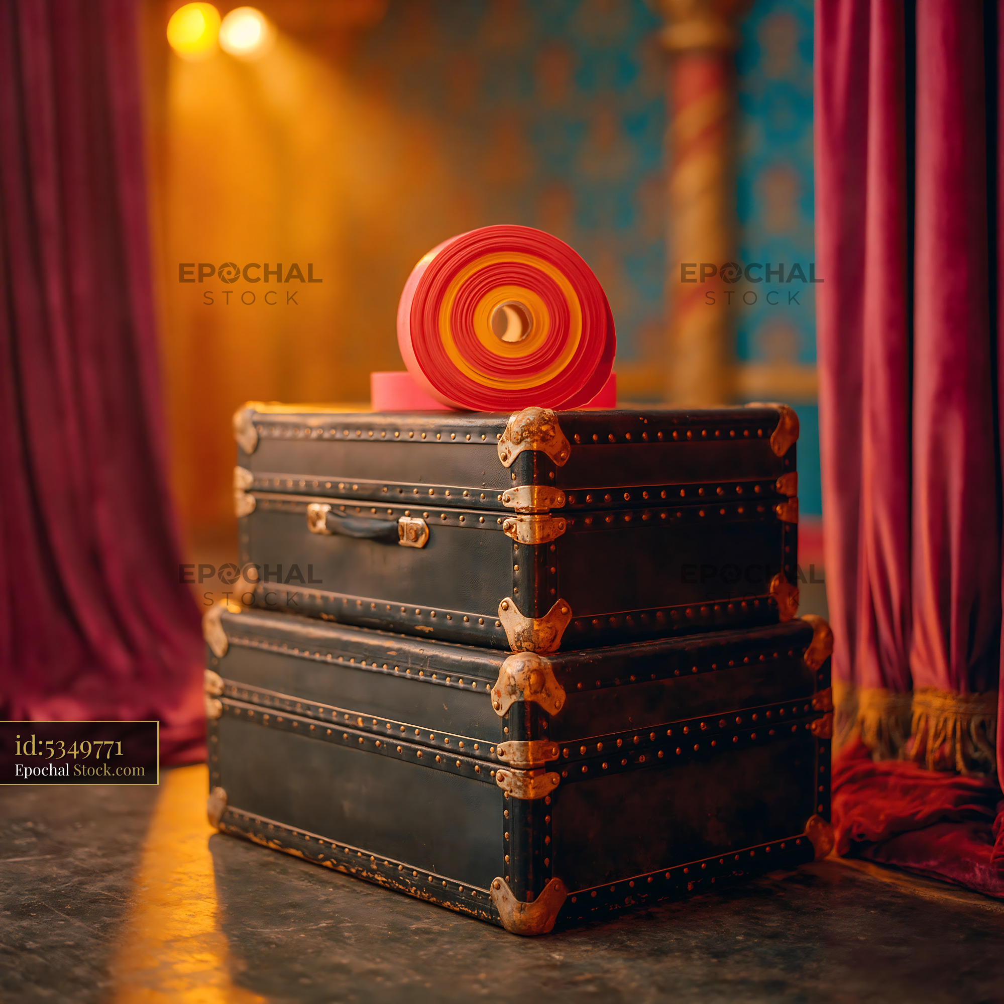 Vintage trunks and theater tape on an empty stage with red curtains - stock photo