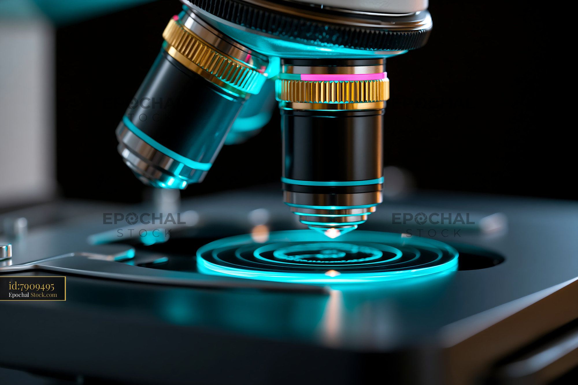 Modern microscope with glowing blue light visualizing a DNA helix - stock photo