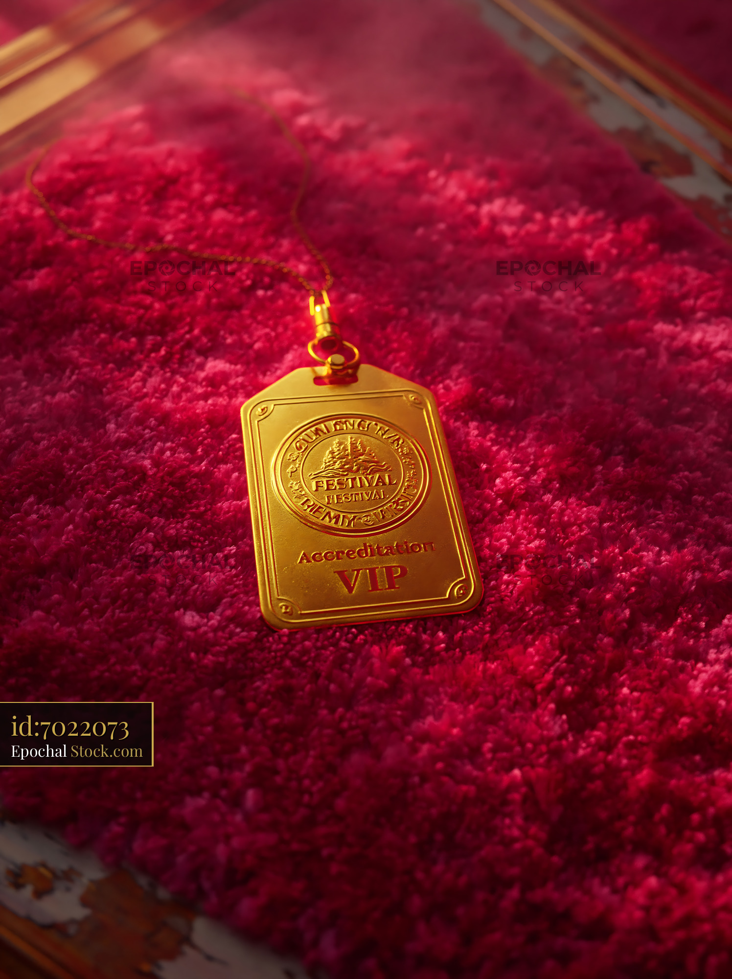 Gold VIP accreditation badge on a luxury red carpet for a festival - stock photo