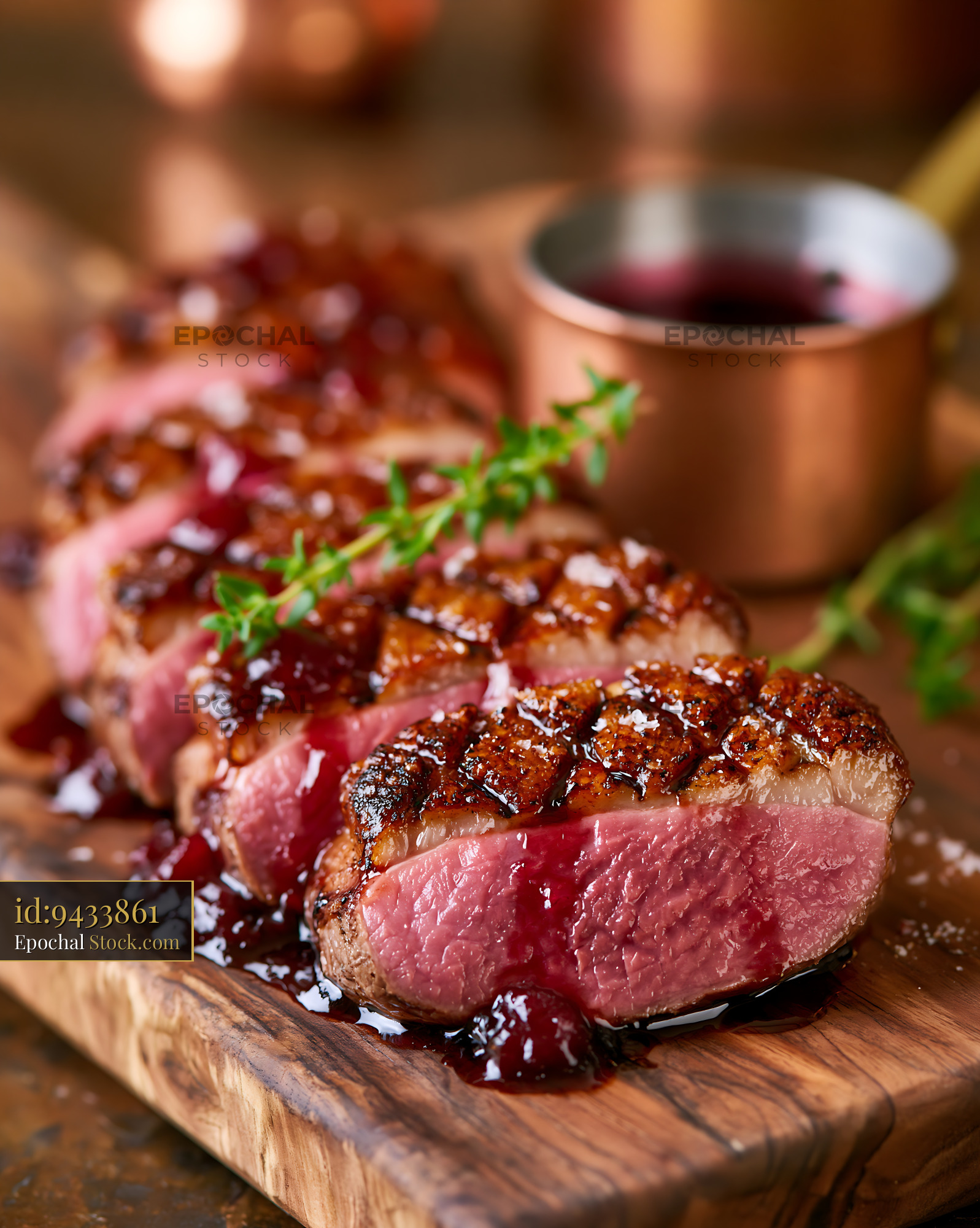 Roasted magret de canard meat served with berry sauce and thyme - stock photo