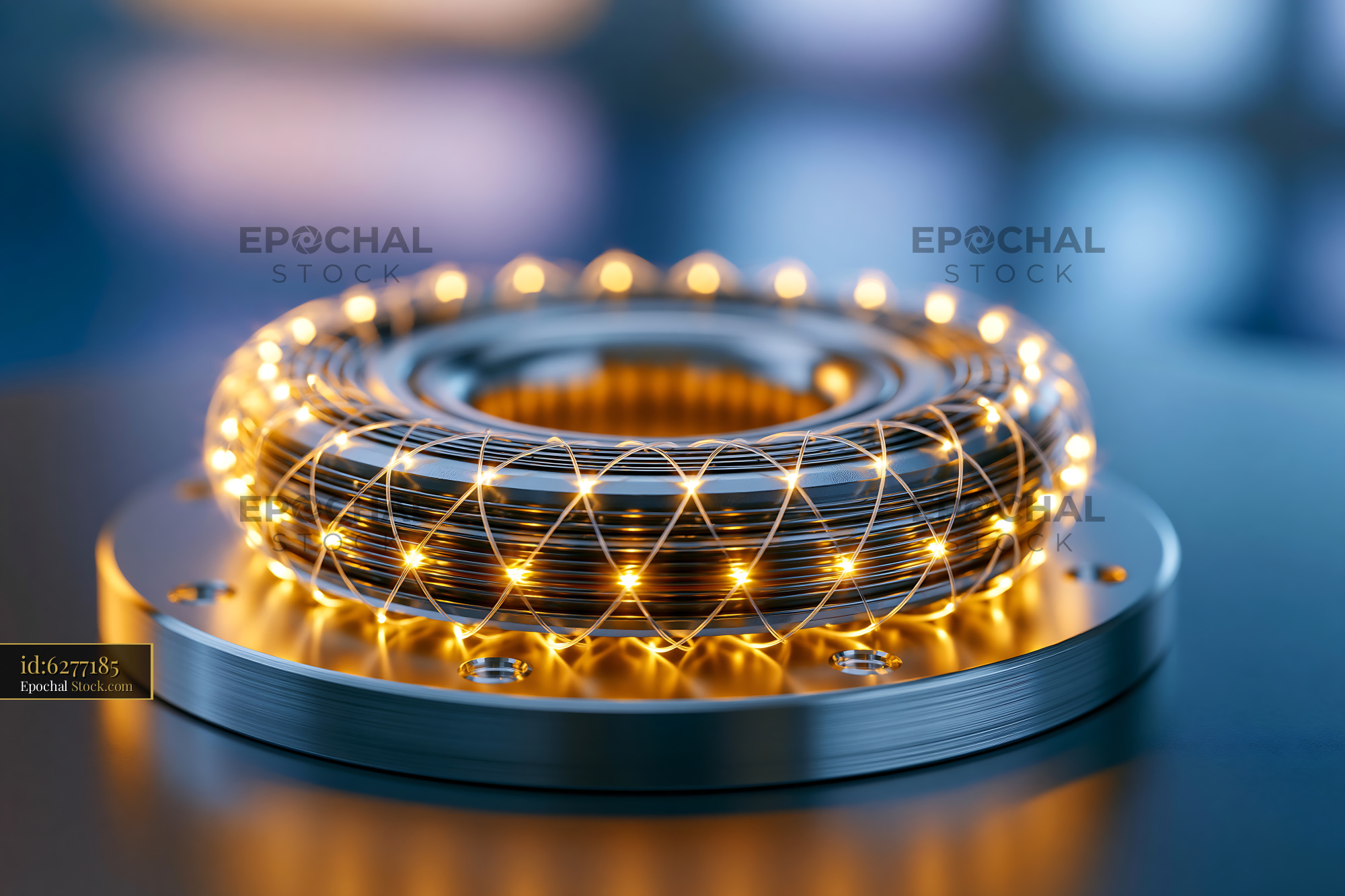 Hollow core photonic crystal fiber coil glowing on a metal base