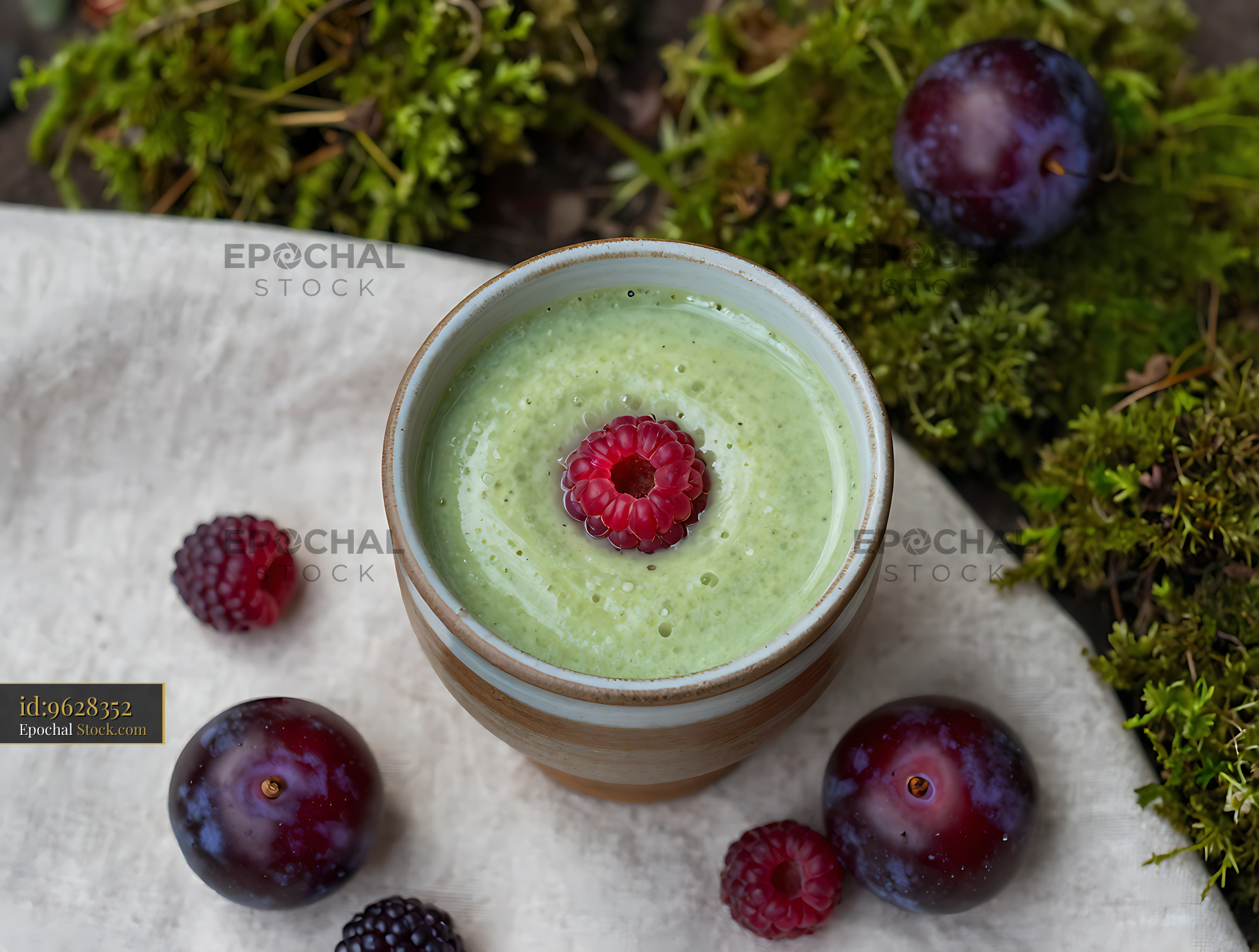 Green smoothie with raspberry and damson plums on mossy background - stock photo
