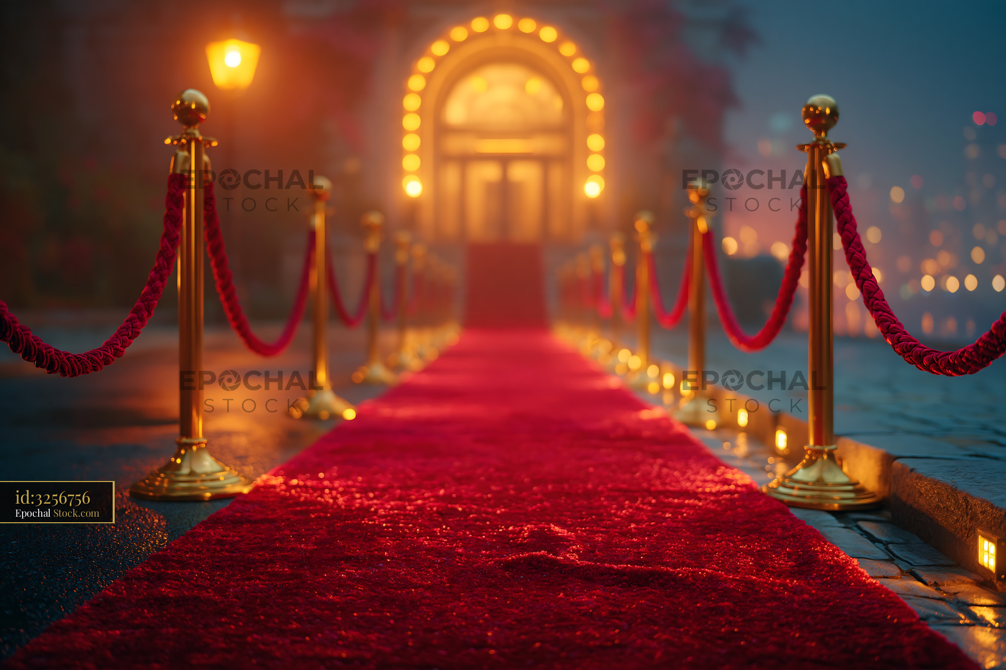 Red carpet with gold stanchions leading to a glowing gala entrance - stock photo