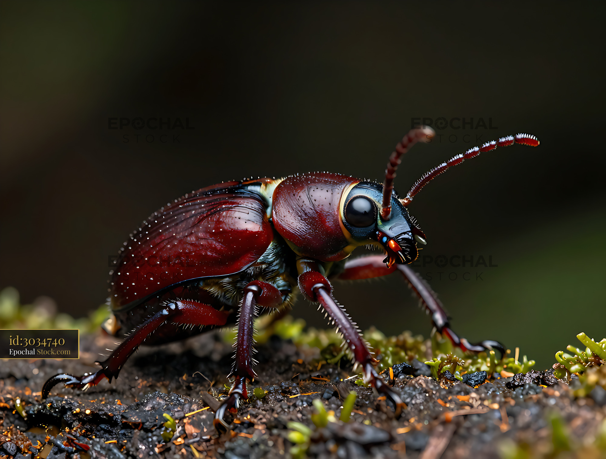Red palm weevil crawling on mossy bark in a tropical environment - stock photo