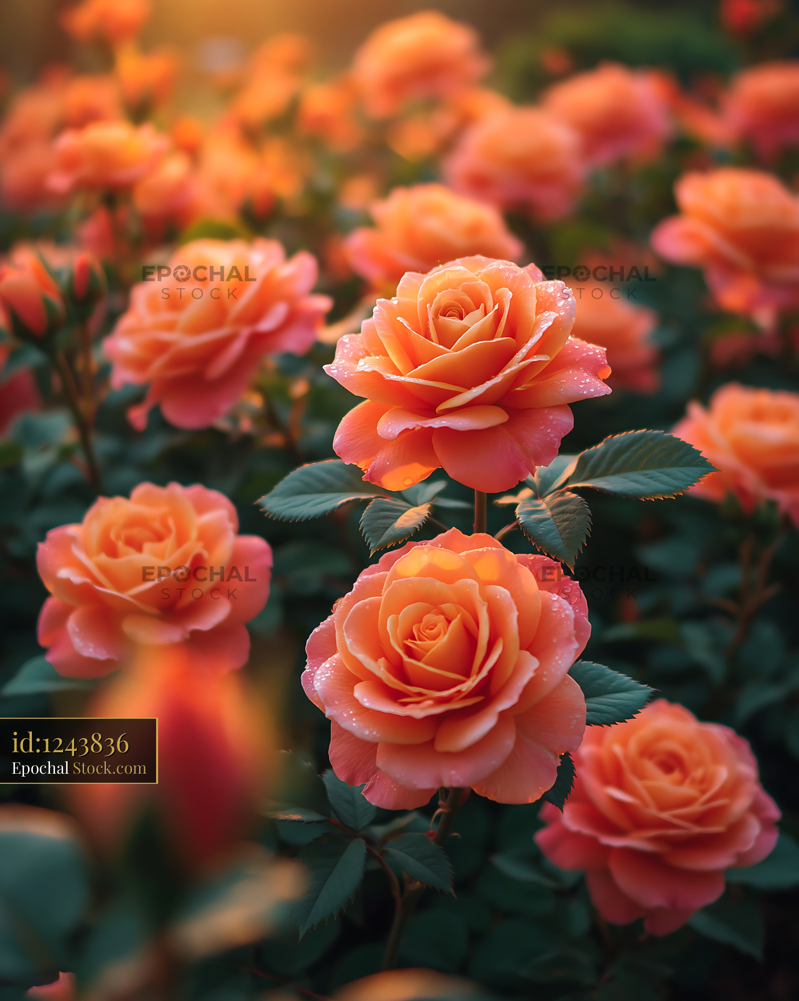 Vibrant orange roses blooming in a tea rose garden with morning dew - stock photo
