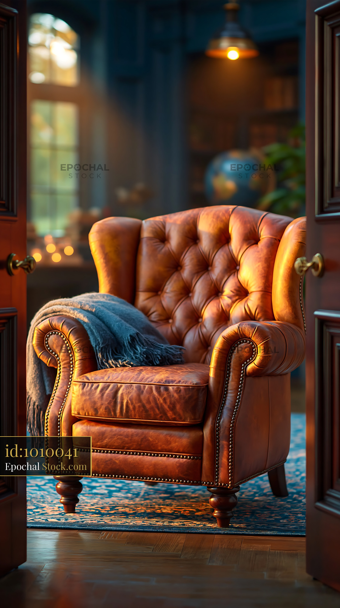 Leather wingback armchair with blue throw in a sunlit study - stock photo