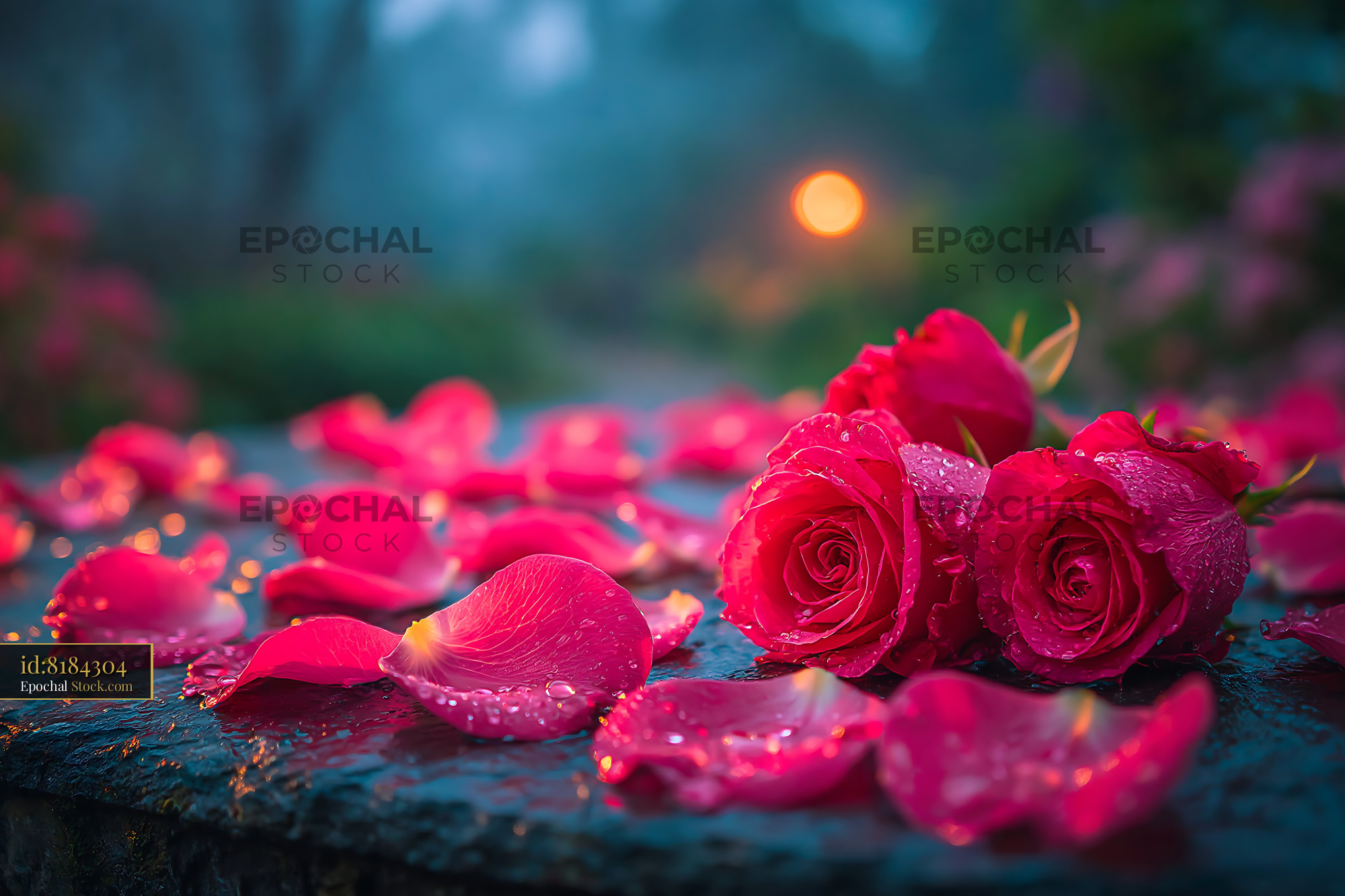 Red roses and petals with dew on a dark garden table at twilight - stock photo