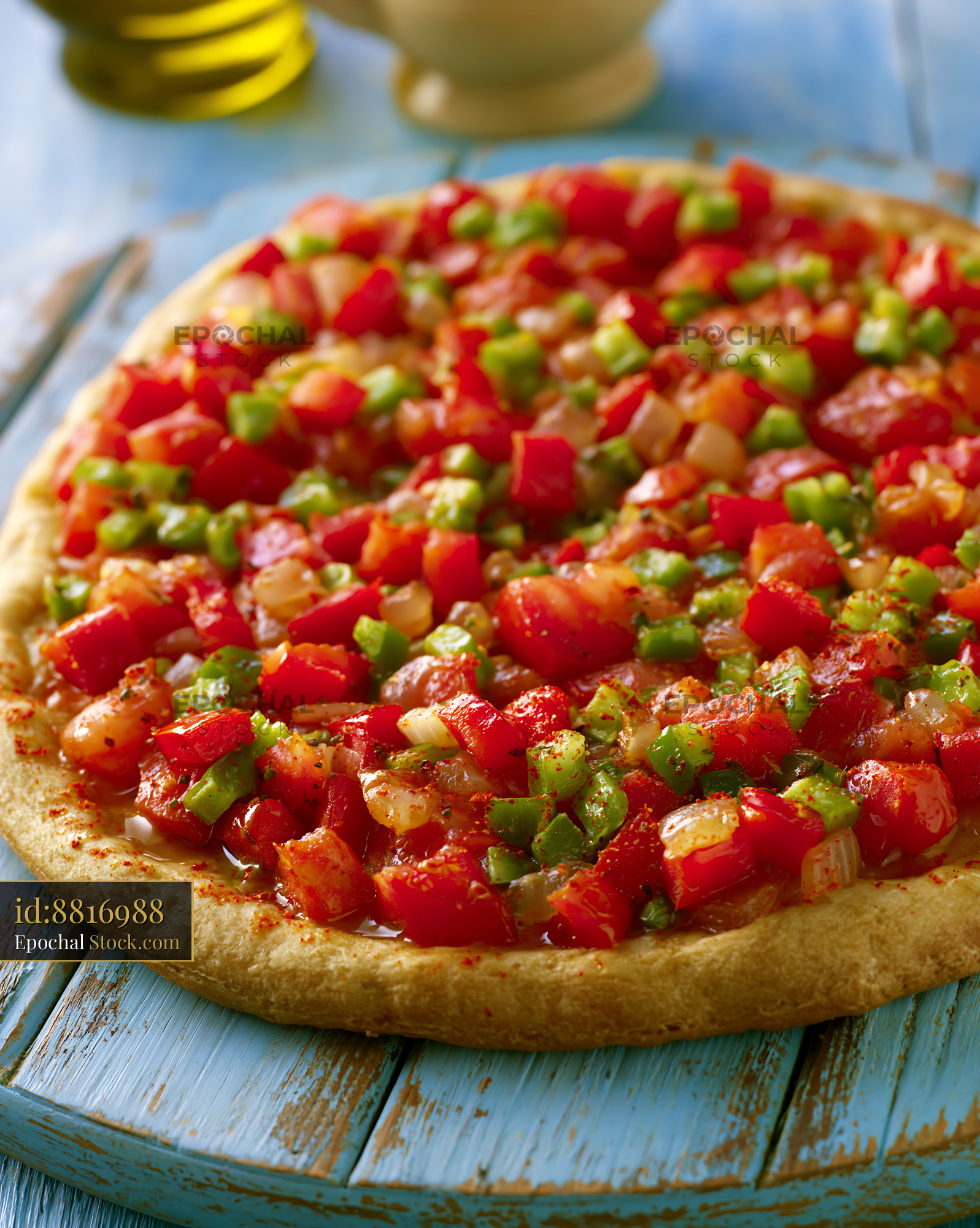 Traditional Mallorcan coca de tremp pizza with peppers and onions - stock photo