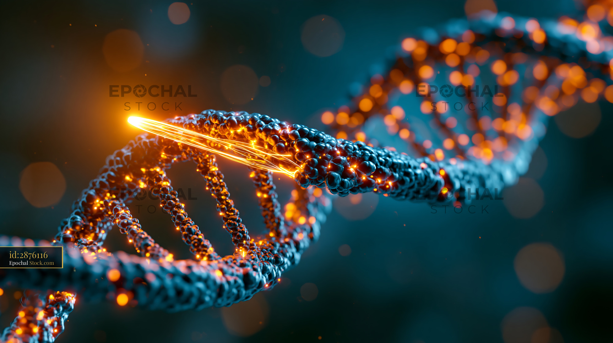 Glowing fiber optic probe sensing a DNA double helix for analysis - stock photo