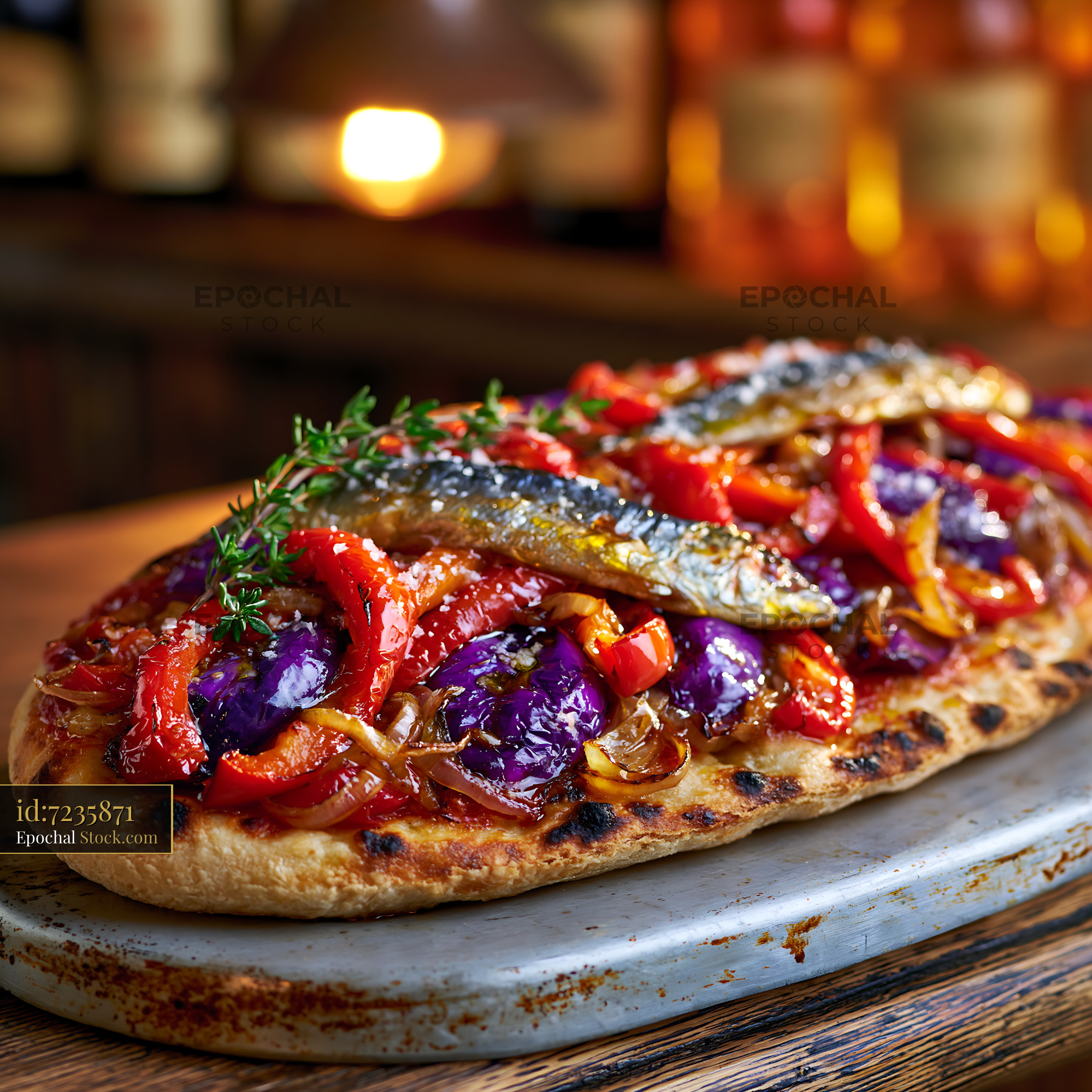Traditional coca de recapte pizza with roasted vegetables and sardines - stock photo