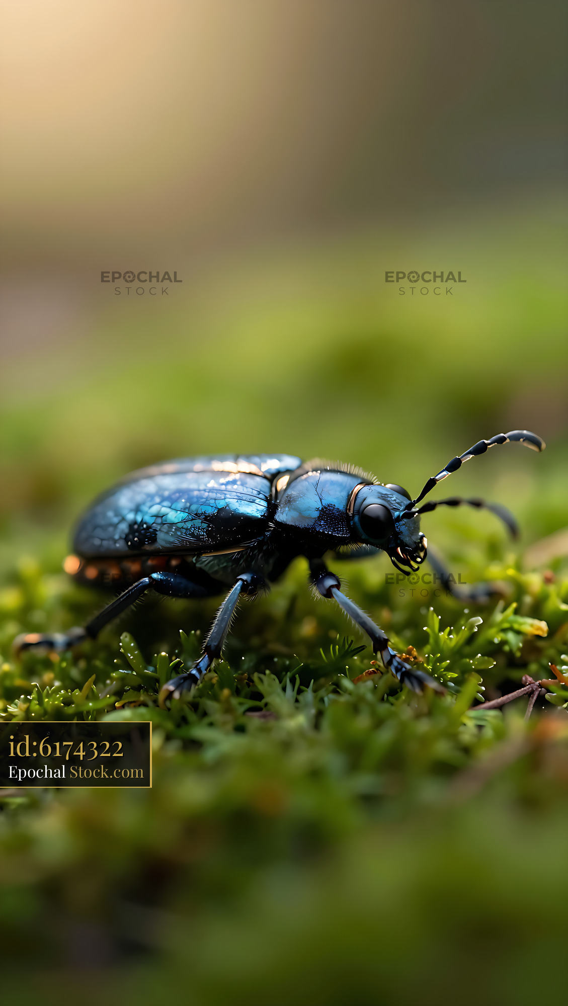 Rosalia longicorn beetle with iridescent blue shell on green moss - stock photo