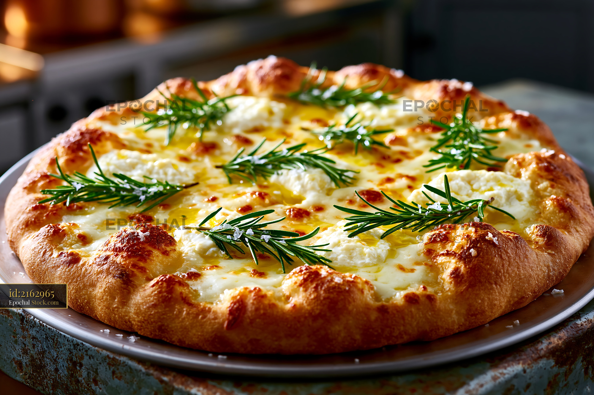Freshly baked pizza bianca with rosemary and ricotta cheese - stock photo